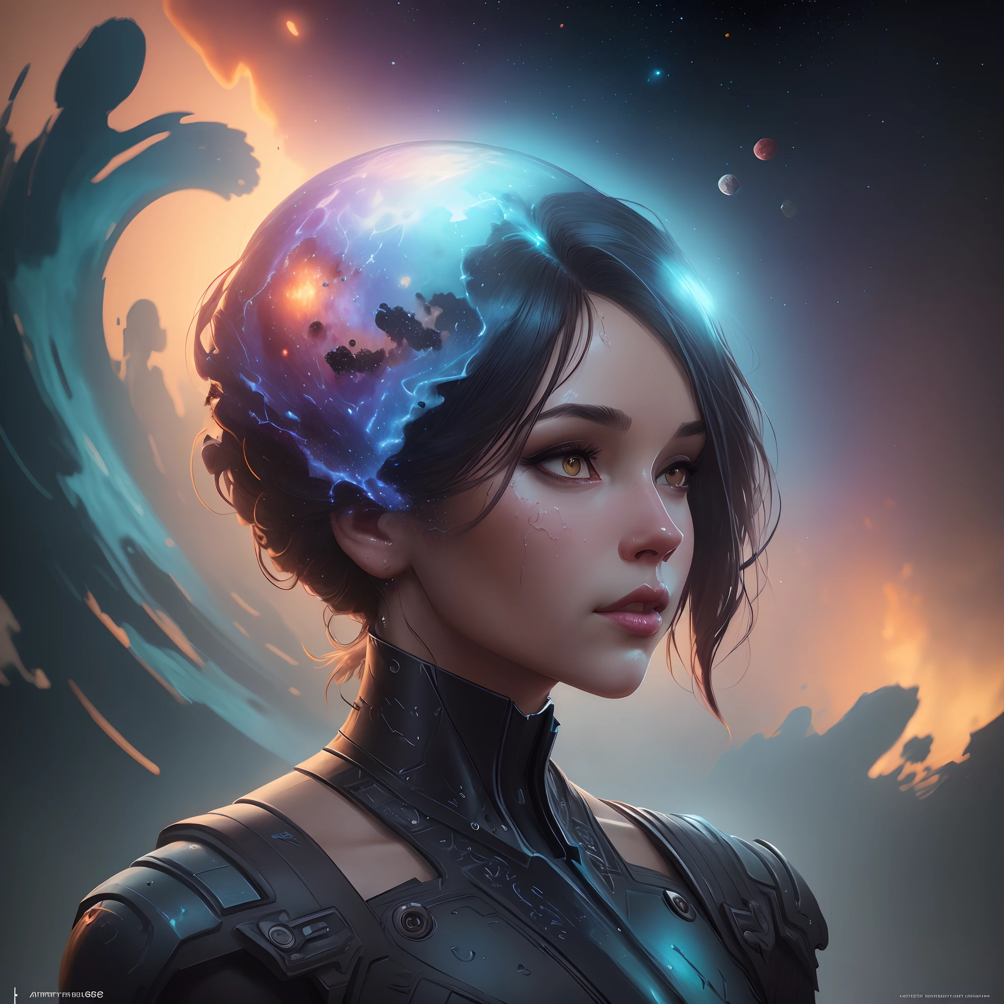 Create a surreal image in which someone's head turns into a universe, with planets orbiting inside the skull and bright stars in the eyes.