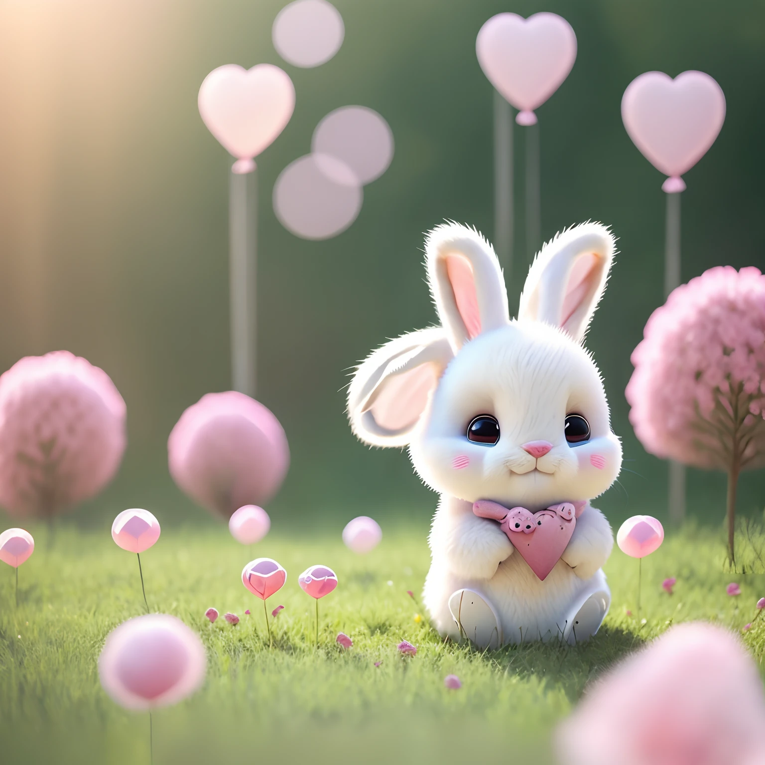 there is a cartoon bunny with a heart shaped balloon in the grass, cute anthropomorphic bunny, with big rabbit ears, with long floppy rabbit ears, adorable digital painting, with bunny ears, the bunny has pink fur, cute digital art, with bunny rabbit ears, cute character, rabbit_bunny, rabbit face only, cartoonish cute, bunny leg. Background is there is a cartoon bunny with a heart shaped balloon in the grass, cute anthropomorphic bunny, with big rabbit ears, with long floppy rabbit ears, adorable digital painting, with bunny ears, the bunny has pink fur, cute digital art, with bunny rabbit ears, cute character, rabbit_bunny, rabbit face only, bunny leg, cartoonish cute. Background peaceful forest filled with tall colorful trees, The sun shining, and birds are singing.