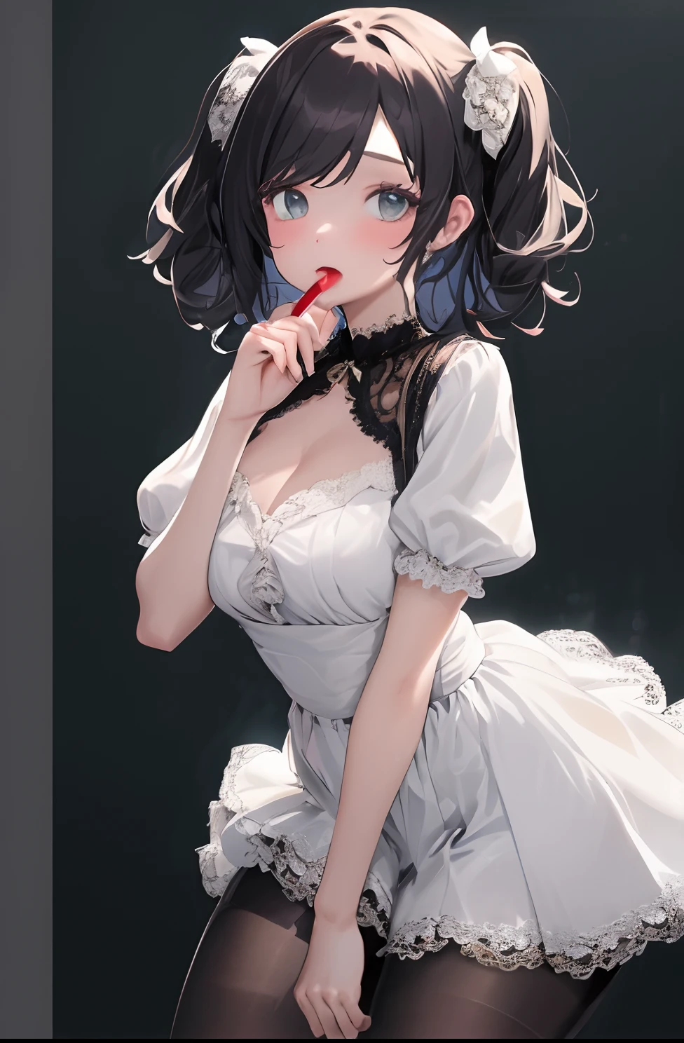 Girl in summer dress, White blouse, Shorts, Pantyhose or stockings, Like she wants to kiss you, View from the viewer, Medium breasts, cleavage, Random background, Frivolous appearance。, ((Very detailed)), (Perfectly detailed face), (Meticulous hands) photorealistic image.Seductive pose,pantiess,lacepantyhose,adolable,lipsticks,Cocked buttocks,Lace