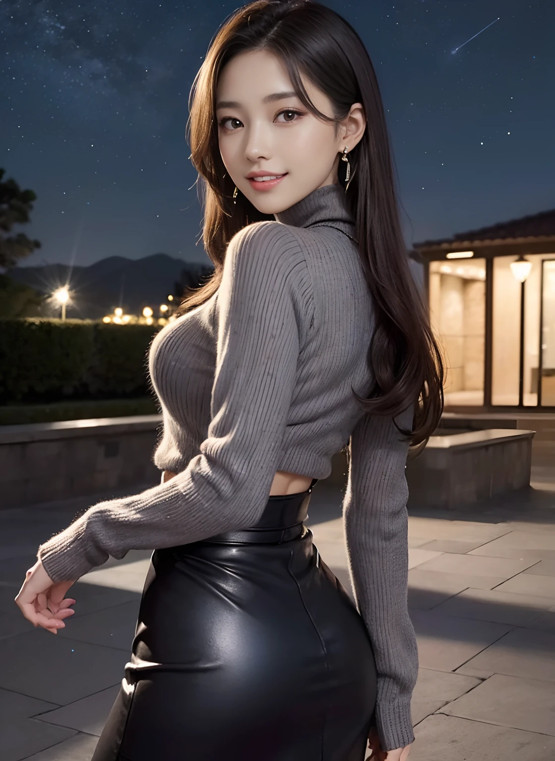 /*Quality writing*/
of the highest quality, 80 K, masutepiece, hyperdetailed face, very detailed lips, Detailed eyes, Realistic pupils,Extra-slender legs
break,
/*Characters and expressions*/
(Extremely beautiful girl:1.3), Asian Girl, 1 girl, Light on Face, 18 years old, (((Very sweet smile))), (Perm long hairstyles)
BREAK
/*garments*/
(Grey Turtleneck Sweater),(The most gorgeous necklaces in the world), (The most gorgeous earrings in the world),(Black leather skirt),
BREAK
/*Pose*/
(looking back), nice hand, Perfect hands, Full body,(shoes),break
/*Angular posture*/
(Sparkling night sky:1.2), Looking at Viewer