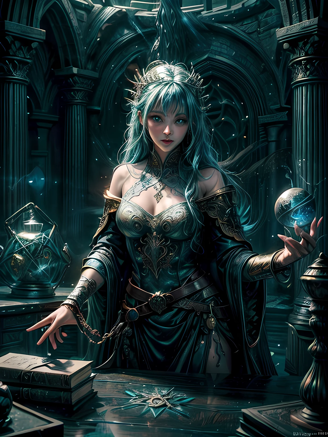 high details, best quality, 8k, [ultra detailed], masterpiece, best quality, (extremely detailed), full body, ultra wide shot, photorealistic, fantasy art, dnd art, rpg art, realistic art, an ultra wide picture of a female human (1.5 intricate details, Masterpiece, best quality) godess of water  ((watery radiant aura)), controlling a swirling streams of watery magic (1.5 intricate details, Masterpiece, best quality), manipulating purple radiant magical symbols, [[divine symbols]] (1.5 intricate details, Masterpiece, best quality), human female, blue  hair, long hair with aura, hair with green radiant eyes, intense eyes, holding a staff, ((radiant eyes)), (( green glowing eyes)), dynamic clothing, magical library, with many books, and magical runes and wards, glowing arcane sigils GlowingRunes_paleblue, crystal ball (best details, Masterpiece, best quality) on table, runes on crystal balls GlowingRunes_yellow, fantasy magical library background (best details, Masterpiece, best quality), Ultra-Wide Angle, high detail, award winning, best quality, HD, 16K, 3D rendering, high details, best quality, highres, ultra wide angle, 3D rendering, [[anatomically correct]]