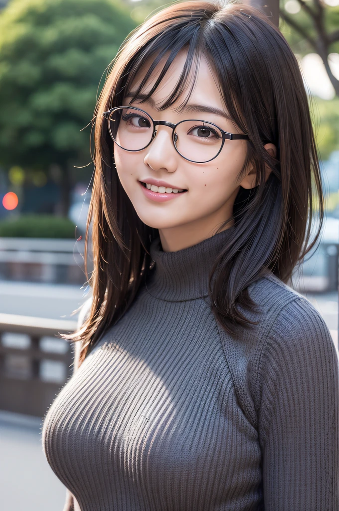 ((japanaese girl)), 8K, Raw photo, Best Quality, ultra-detailliert, Ultra High Resolution, Realistic, photographrealistic, high-definition RAW color photography, professional photograpy, Extremely detailed, 8K Wallpaper, amazing, finely detail, Huge file size, extra detailed face, extremely detailed eye, highlydetailed skin, extremely detailed fingers, highly detailed nose, highly detail mouth, Perfect Anatomy, Highly detailed background, Realistic body, Good figure, blown hair, (Medium Hair), Cute face, Photography, (happy smile), Perfect Skin, Perfect Anatomy, large breasts, (Round glasses), (knit sweater), (Mole), ((Monaco)), high-angle shot, swept bangs, Full body shot,