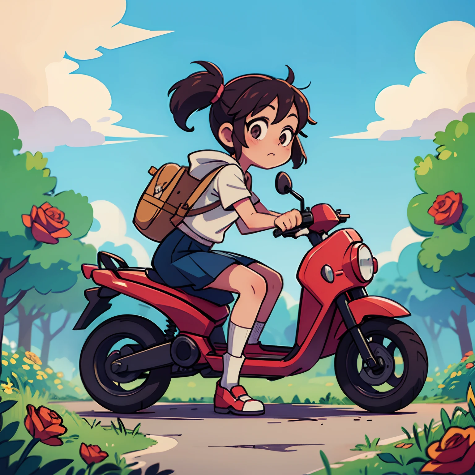 A two-and-a-half--old l，Riding a scooter with three pigtails，On a country road，There are roses on both sides of the road，in style of hayao miyazaki