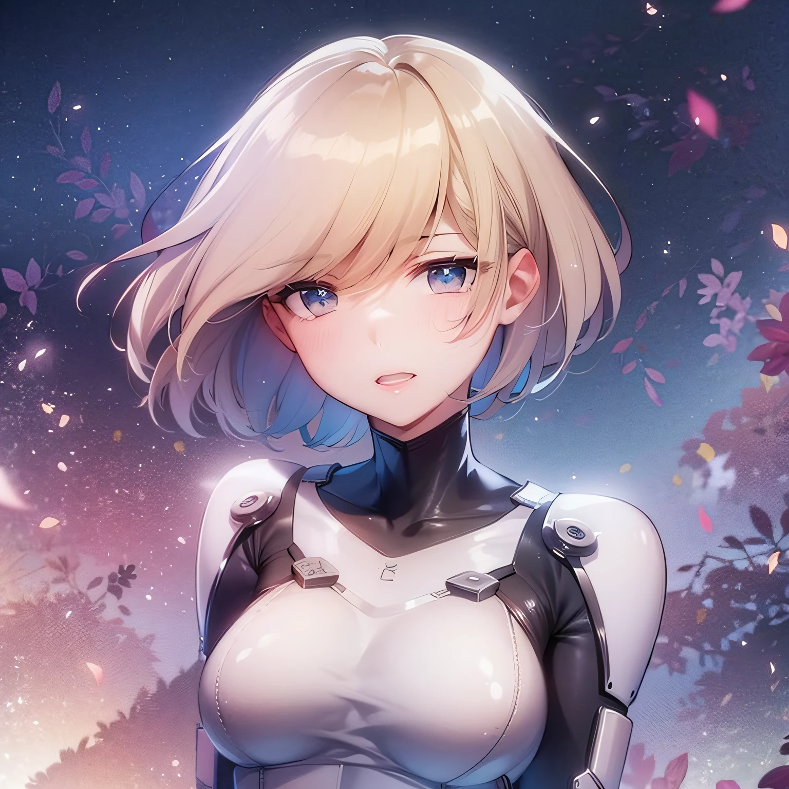 (Woman close up)、((Depiction of the upper body))、((30-year-old female))、Very large breasts、A cheerful smile、Very short blonde hair、(Open your mouth a little、High resolution、16k))、(((A very shiny, sheer white bodysuit)))、Late Night