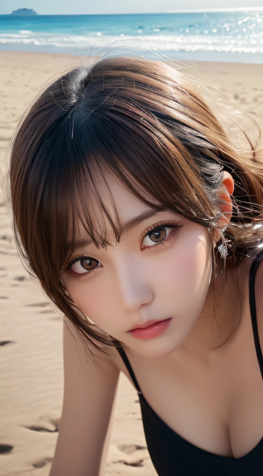 masutepiece, Best Quality, Illustration, Ultra-detailed, finely detail, hight resolution, 8K Wallpaper, Perfect dynamic composition, Beautiful detailed eyes , the beach, Sexy face,Sexually aroused face