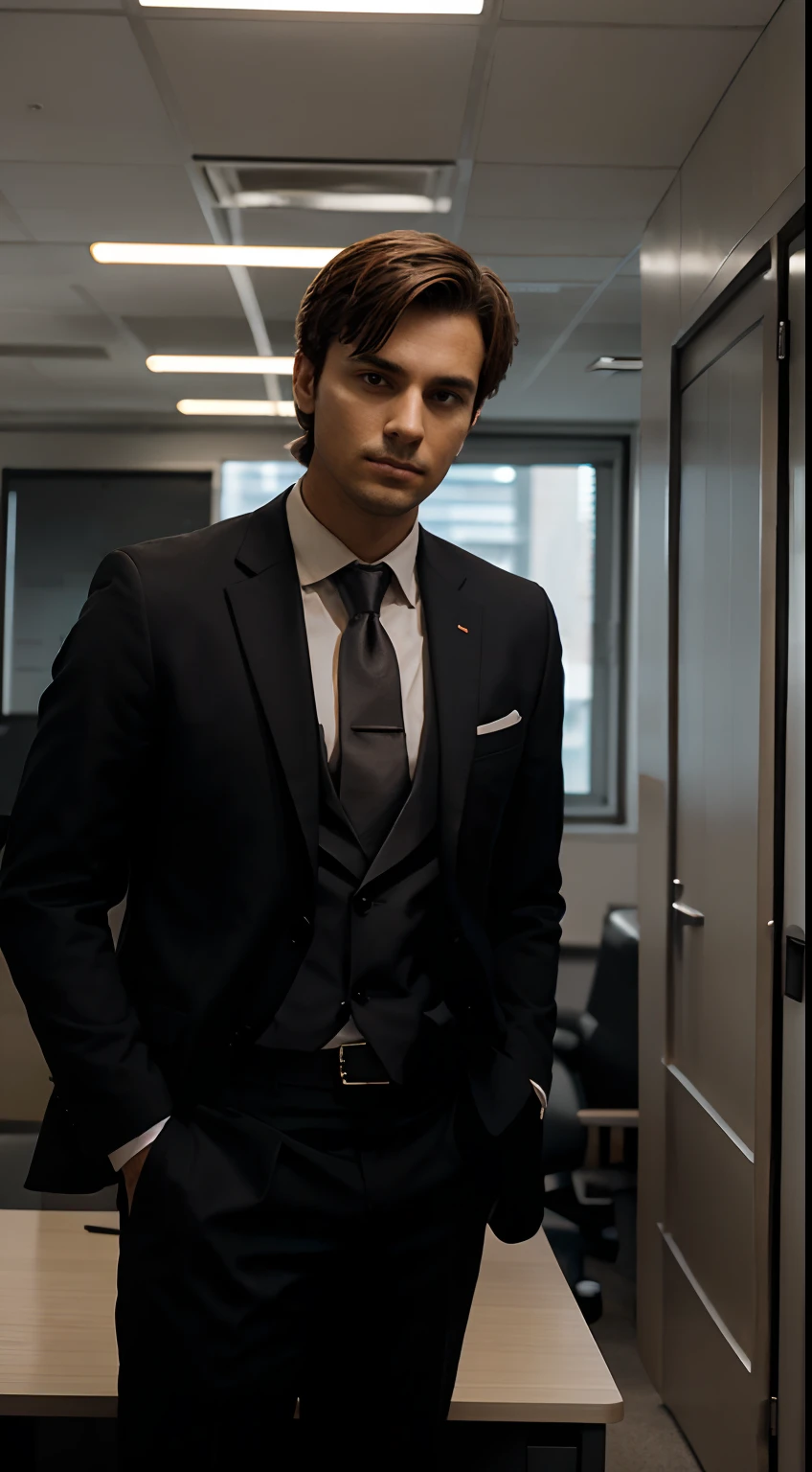 Standing man in dark suit in an office