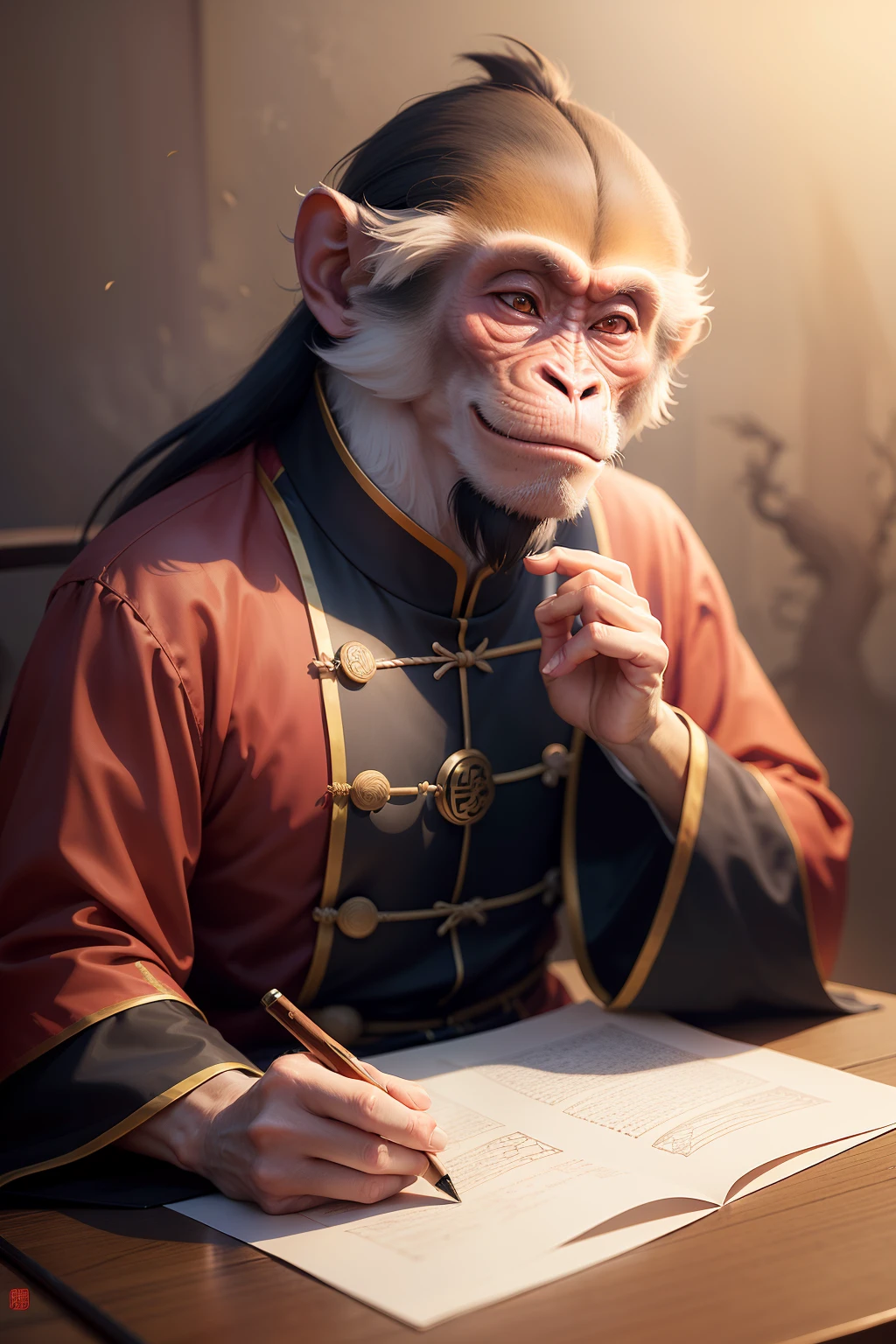 70-year-old monkey Taoist priest, highly respected, majestic, monocle, smile, side face, avatar, non-human, animal, monkey face, monkey anthropomorphism, pencil drawing, paper feeling, traditional Chinese Taoist priest uniform, look outside the picture