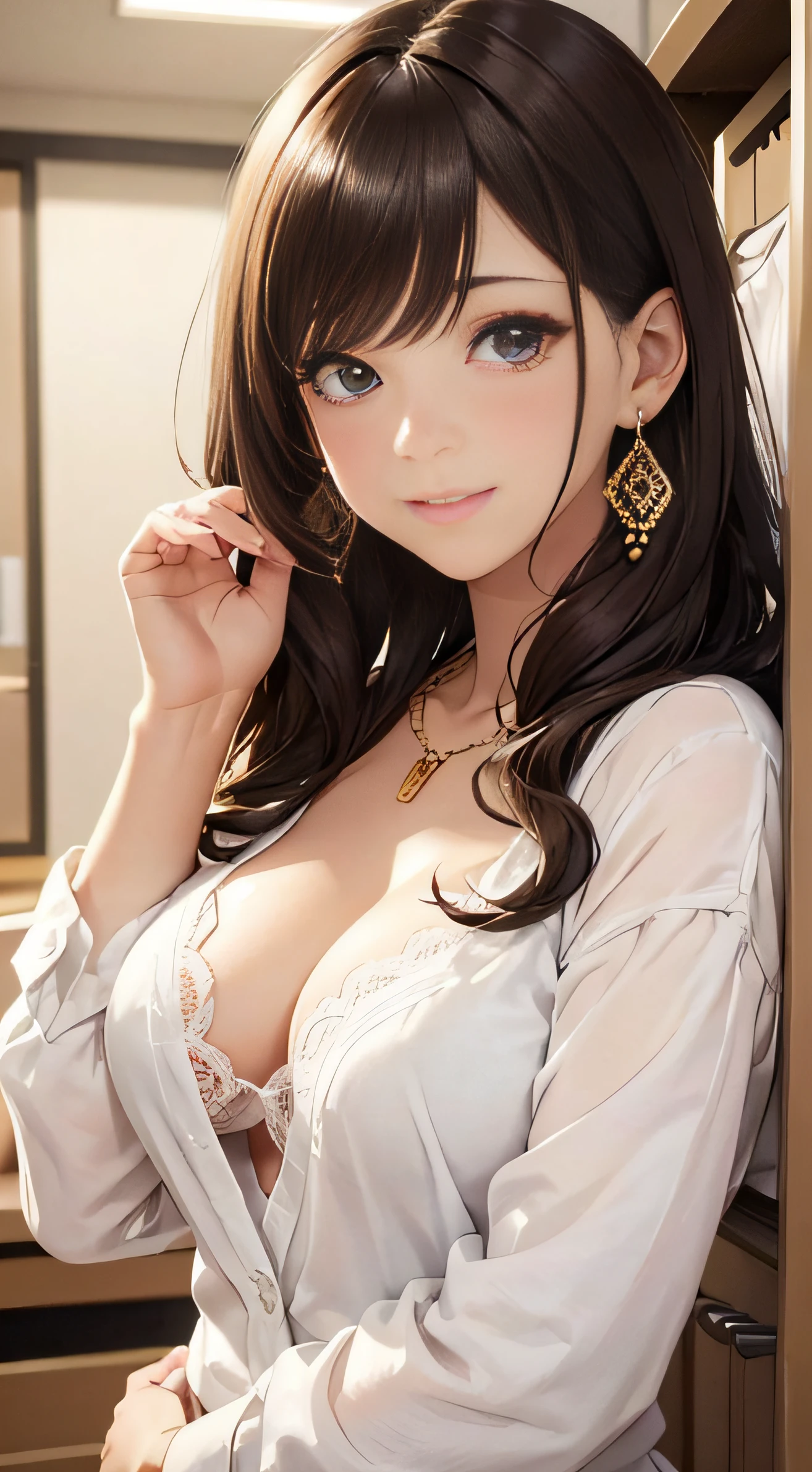(masutepiece: 1.3), (max resolution: 1.2),, (Detailed eyes and skin), (detailed facial features), nffsw, Sharp Focus: 1.2, Perfect Style, Beautiful face, Perfect body,Highly detailed face and skin texture, Detailed eyes, Dark-blue eyes, Double eyelids, Thin eyebrows, Glitter Eyeliner: 1.2, Natural cheeks, Glossy skin, Fair skin: 1.2, shiny little necklace and earrings, (Glossy lips: 1.A very cute female teacher), Yellow lace bra　She wears yellow lace panties　Stockings), (Seductive smile: 1.2), ((a Innocent and cute girl:1.3)), (long, straight haired, bangss), (ligh brown hair:1.2), medium large breasts,　FULL BODYSHOT　Shyness　School Changing Rooms　Herren　cute little　White shirt　Kamimei　Changing clothes