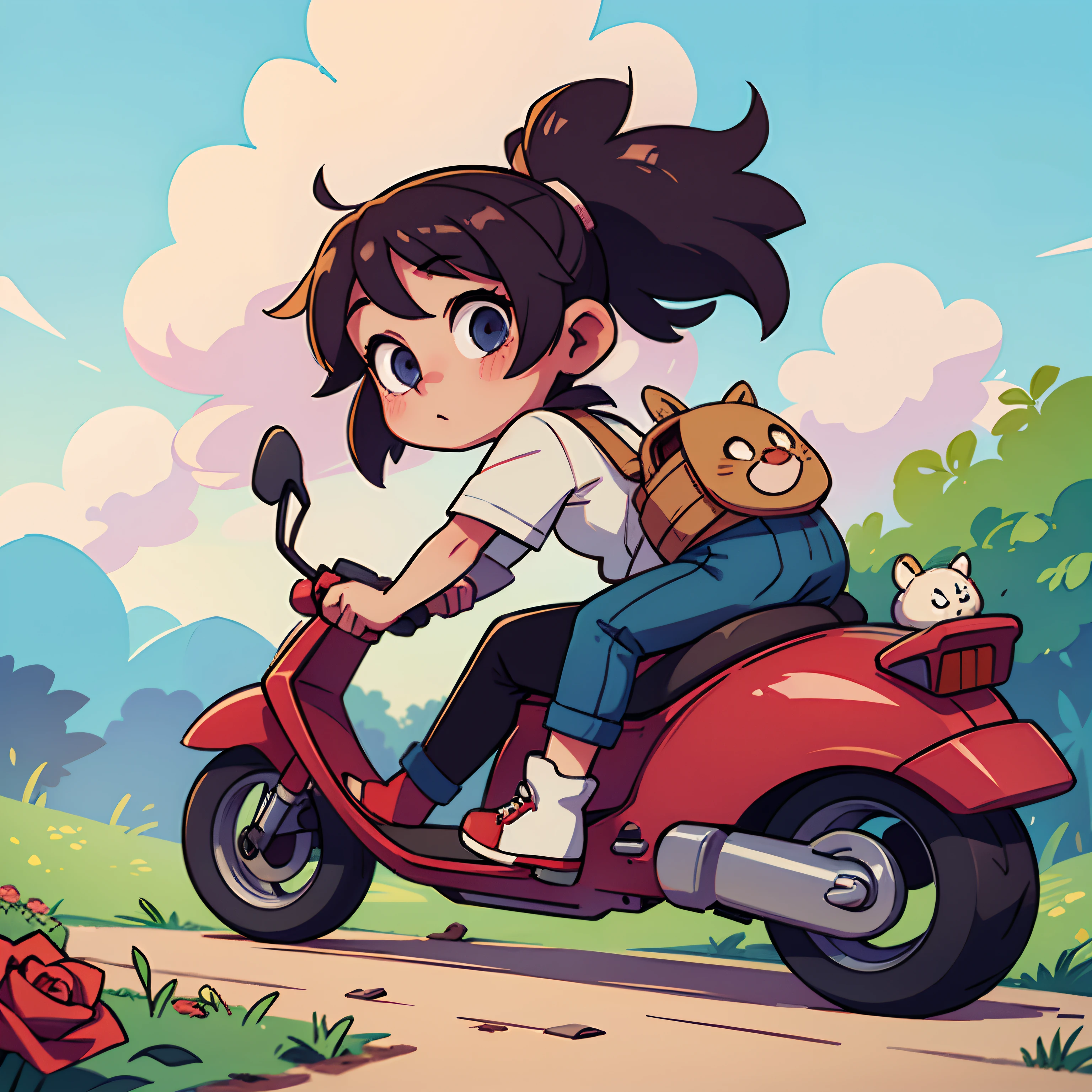 A two-and-a-half-year-old girl,Riding a scooter with three pigtails,On a country road,There are roses on both sides of the road,in style of hayao miyazaki