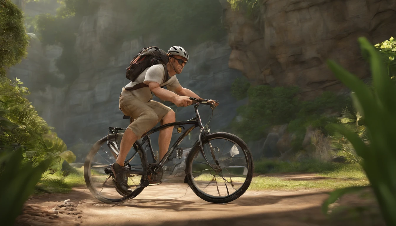 homen branco, 50 anos, bermuda preta com camisa marela, capacete branco, oculos de ciclista, pedalando uma bicicleta speed, asfalto quante, floresta em volta, estrada longa ao fundo, desfocada, DISNEY PIXAR ANIMATION TYPE