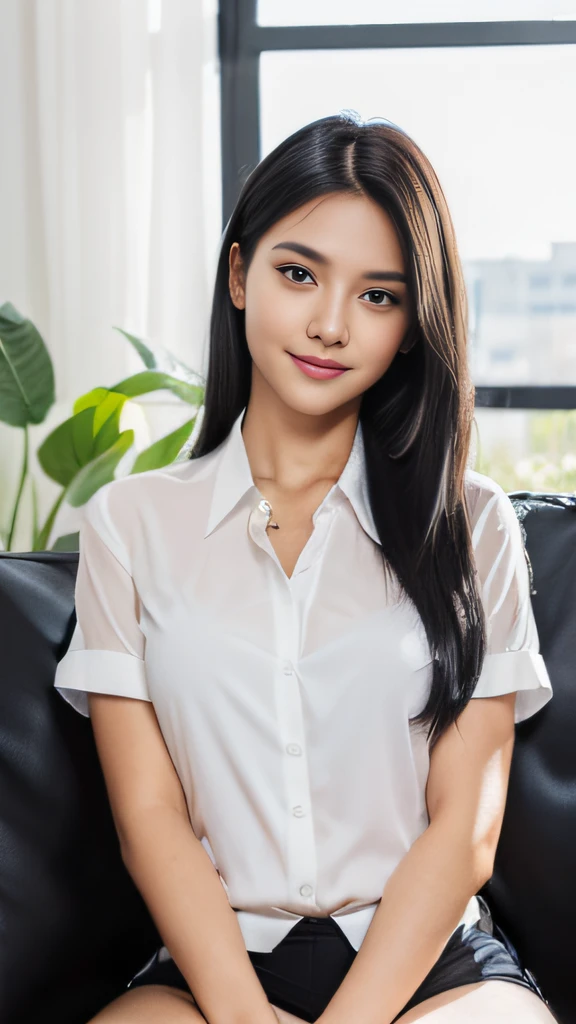 (best qualtiy,8K,tmasterpiece:1.3),(sharp fokus:1.2),Jet-black hair,ssmile,(A girl sits on a sofa:1.2),(perfect body figure:1.4),(The shirt:1.2),office room,rays of sunshine,Fine face,beautidful eyes,Straight legs