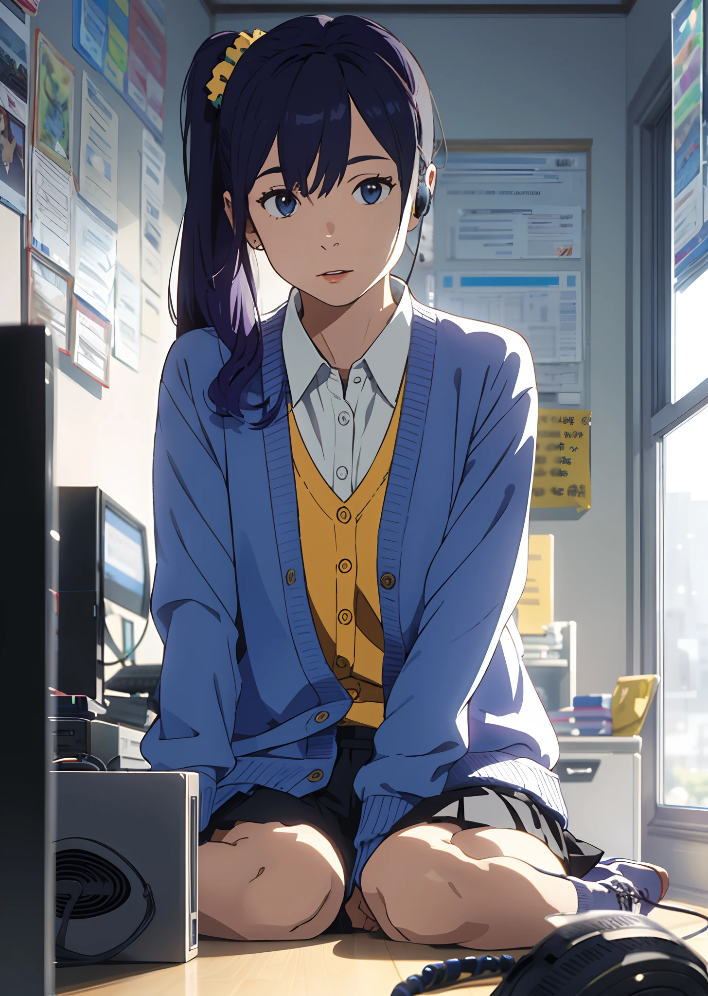 Purple hair ponytail scrunchie yellow、Light blue cardigan over uniform、High school girl、
There is no light in my eyes、Sitting in front of the computer in your room with earphones