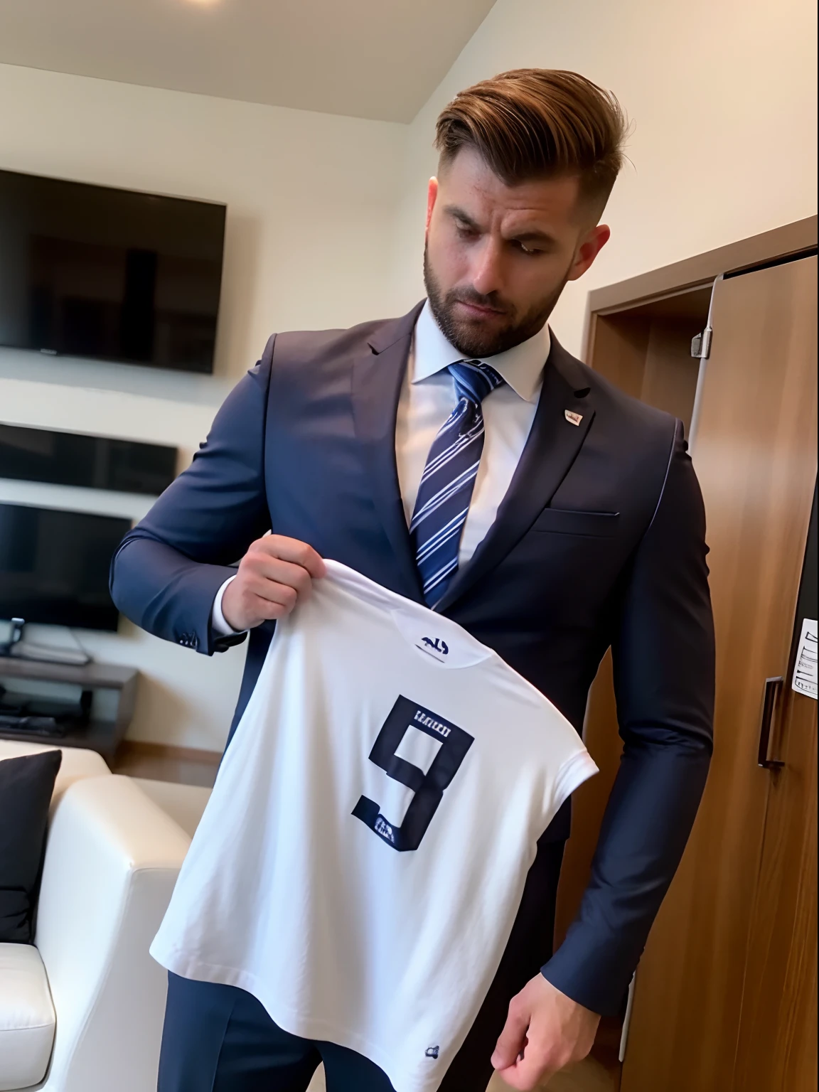 Homem Soccer Player de cabelo cortado, He's in a room in a suit holding his shirt with a number on it "15" nela escrito "Hunder"