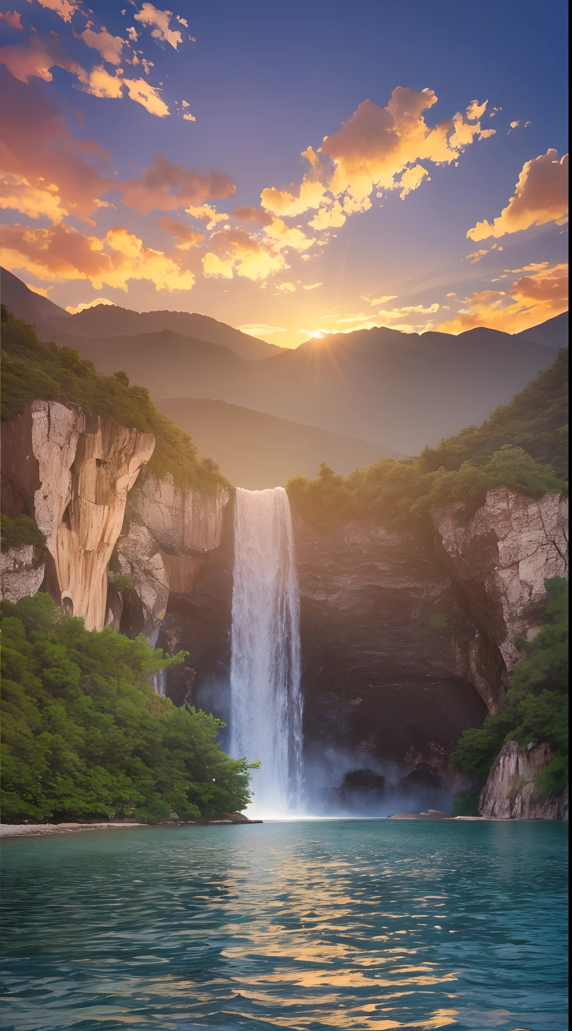 Landscape waterfall in mountains sunset image best quality, high quality, beautiful wallpaper deserted beach 8k extremely detailed, photography