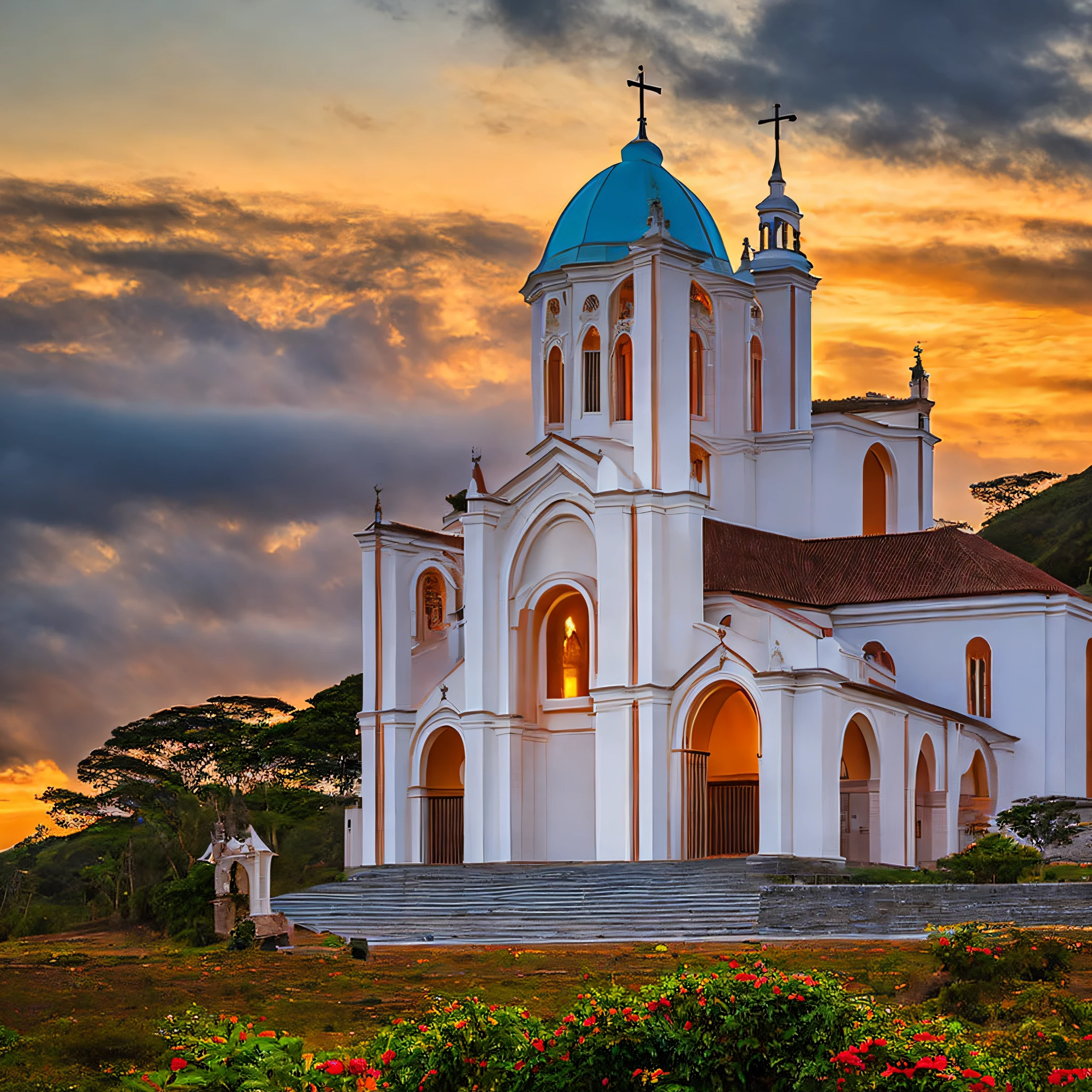 Nossa Senhora Aparecida, Beautiful classical church in the background, cercado de natureza, lindo por do sol