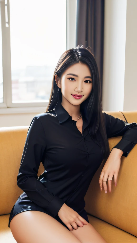 (best qualtiy，8K，tmasterpiece:1.3)，(sharp fokus:1.2)，Jet-black hair，ssmile，(A girl sits on a sofa:1.2)，(perfect body figure:1.4)，(The shirt:1.2)，office room，rays of sunshine，Fine face，beautidful eyes，Straight legs