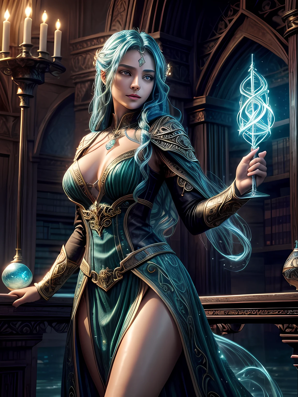 high details, best quality, 8k, [ultra detailed], masterpiece, best quality, (extremely detailed), full body, ultra wide shot, photorealistic, fantasy art, dnd art, rpg art, realistic art, an ultra wide picture of a female human (1.5 intricate details, Masterpiece, best quality) godess of water  ((watery radiant aura)), controlling a swirling streams of watery magic (1.5 intricate details, Masterpiece, best quality), manipulating purple radiant magical symbols, [[divine symbols]] (1.5 intricate details, Masterpiece, best quality), human female, blue  hair, long hair with aura, hair with green radiant eyes, intense eyes, holding a staff, ((radiant eyes)), (( green glowing eyes)), dynamic clothing, magical library, with many books, and magical runes and wards, glowing arcane sigils GlowingRunes_paleblue, crystal ball (best details, Masterpiece, best quality) on table, runes on crystal balls GlowingRunes_yellow, fantasy magical library background (best details, Masterpiece, best quality), Ultra-Wide Angle, high detail, award winning, best quality, HD, 16K, 3D rendering, high details, best quality, highres, ultra wide angle, 3D rendering, [[anatomically correct]]