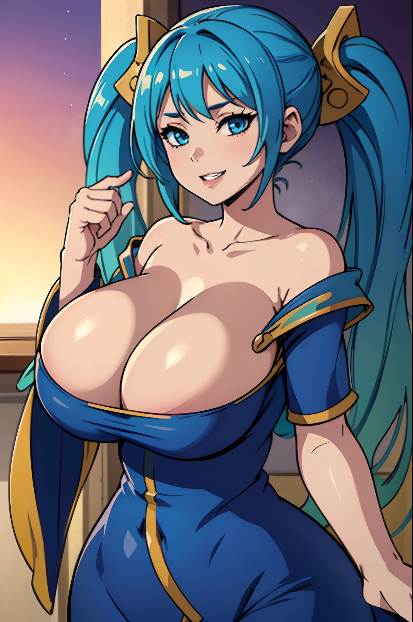 masterpiece, best quality, ultra-detailed, illustration, colorful, falt color, depth of field, lens flare, 1girl, sona \(league of legends\), blue hair, blue eyes, gradient hair, twintails, hair ornament, anime, (shortstack), (shortstackBT), (closeup), (upper body), looking at viewer, view from front, (blue dress, cleavage), (closeup), (upper body), detailed fabric texture, beautiful detailed face, grin, teeth, seductive, inviting alluring attire, collarbone, (gigantic breasts, saggy breasts, huge breasts, curvy, voluptuous, curvaceous, milf), makeup