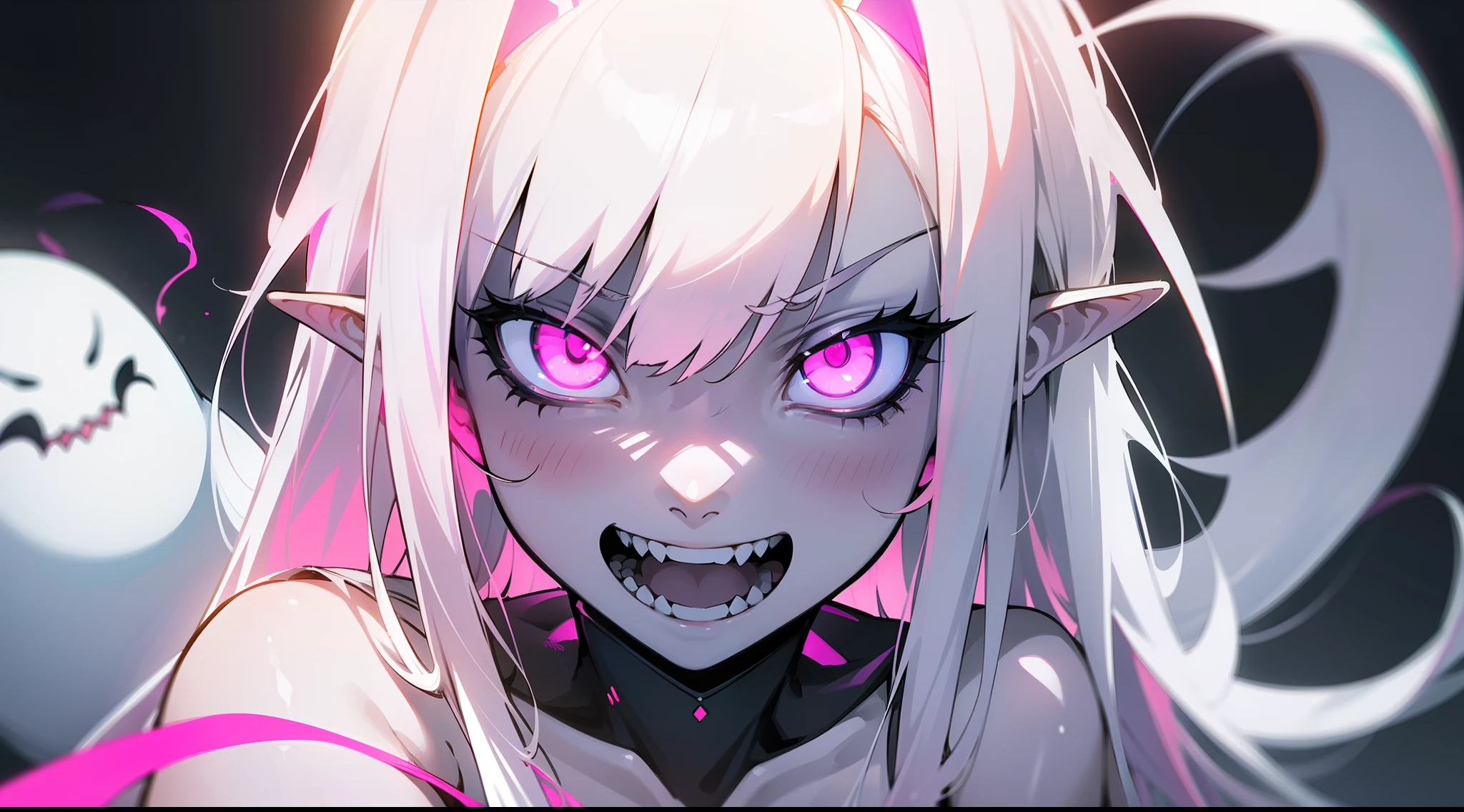 Original Character,8k, Masterpiece, Best Quality,Detailed,,1girl,solo,white hair, long hair,(((hair over one eye))),(((white skin,pale skin,colored skin))),sharp teeth,medium breasts,monochrome body,monochrome outfit,((white bikini bra)),elf ear,blush,((ruins background,cutes ghosts around)),night,white skin,colored skin,sexy,sensual,teeth,open mouth,evil smile and glowing eyes, evil grin smile, pink eye glowing, gapmoe yandere, gapmoe yandere,portrait,close-up on face