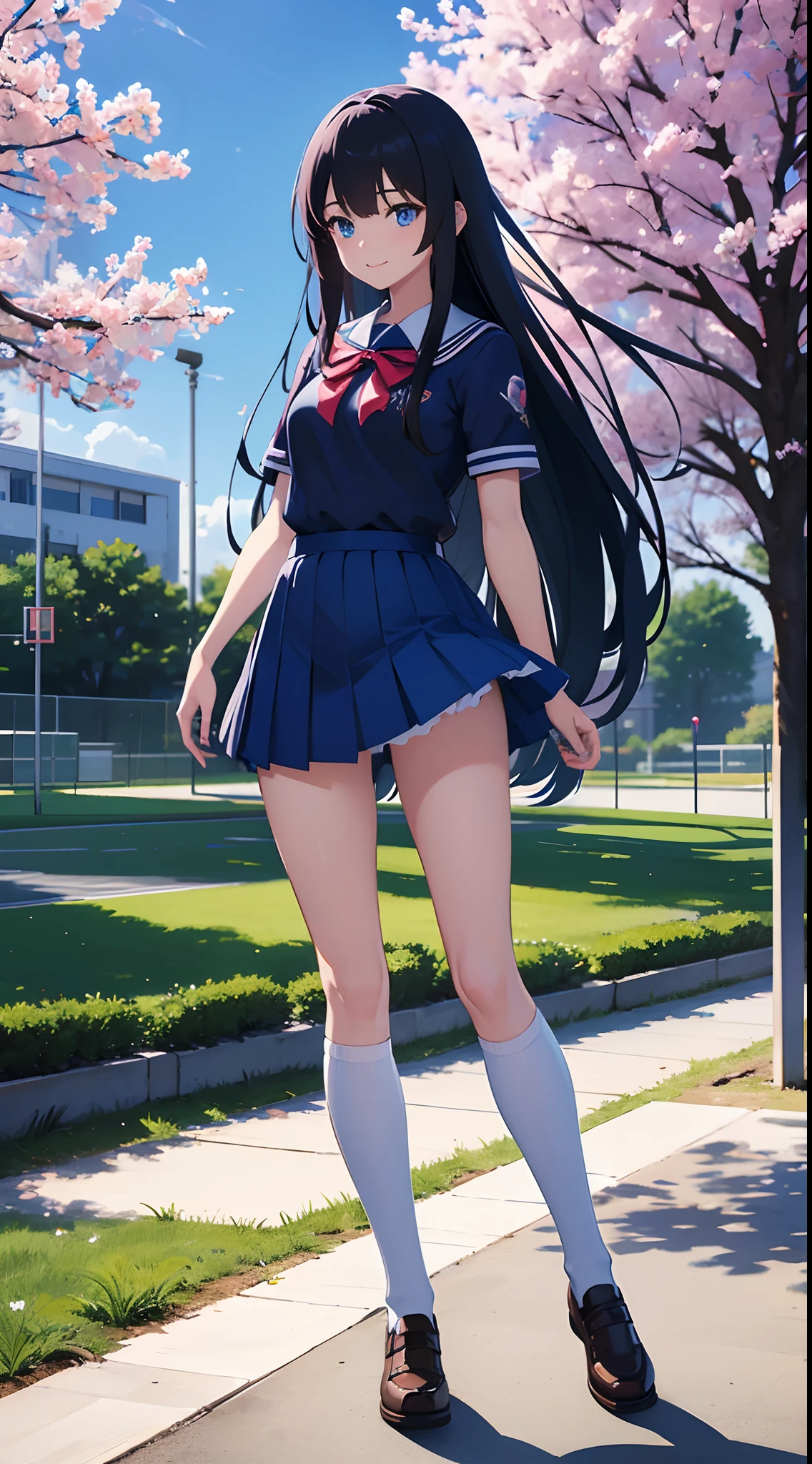 School anime girl with long hair and blue shirt，Photorealistic anime, ，Realistic young anime girl, render of a cute 3d anime girl，Pictures of slender and fair legs all over the body，over knee socks，Campus uniforms，A full-body photo of a beautiful girl，Smile confidently，Facing the spring breeze，Basketball court track