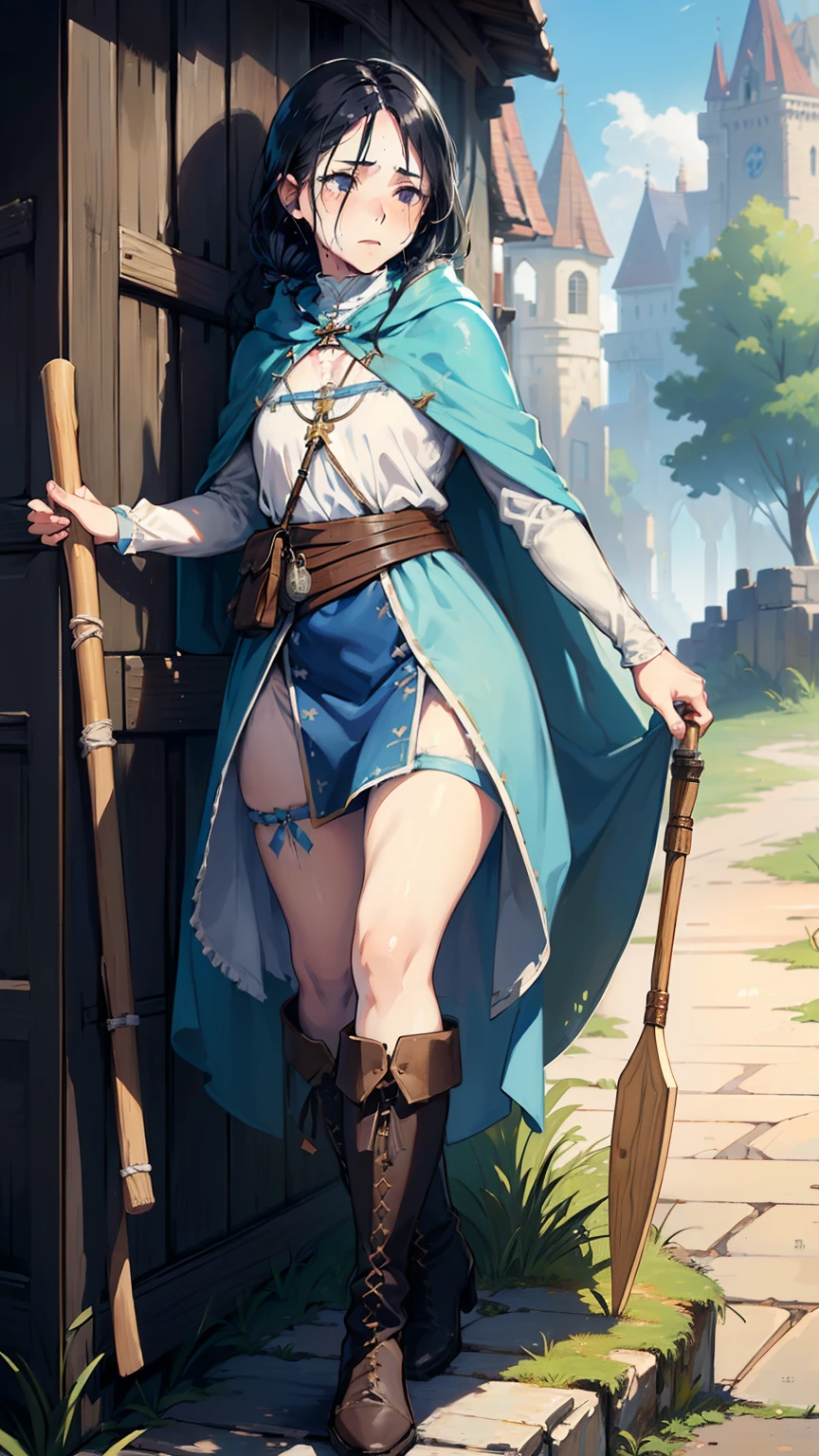 (((((middle age woman))))), masterpiece, ultra detailed, 8k portrait, RAW photo, portrait photography, highly detailed face, ((Fantasy)), 1 woman, (((priest))), nervous, (((sweaty))), (((standing and lift up skirt))), (((Error-filled face))), 33 years old, (((slutty woman))), (((((odor))))), (((bad smell))), (((blacked small eyes))), (((straight black hair))), ((hide face with long sideburns)), (((white skin color))), (((light blue tunic and skirt))), (((long tattered patchwork cloak))) fluttering in the wind, (((little waist hip pouch))), (((leather boots))), (((holding a long wood cane like a dildo))), Midday Sun, hyper realistic, (((flat chest))), big butt, (((thick thighs))), Long legs, in the medieval adventurer's guild, Ambient lighting, Shadow details , Camera focus on thigh, strong breeze, Light fog