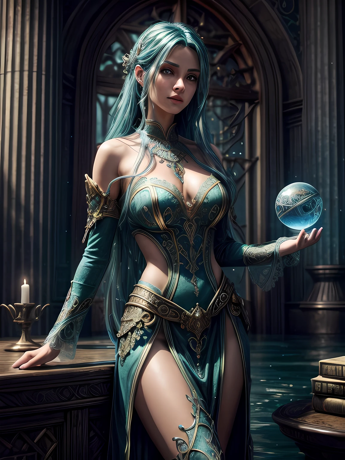 high details, best quality, 8k, [ultra detailed], masterpiece, best quality, (extremely detailed), full body, ultra wide shot, photorealistic, fantasy art, dnd art, rpg art, realistic art, an ultra wide picture of a female human (1.5 intricate details, Masterpiece, best quality) godess of water  ((watery radiant aura)), controlling a swirling streams of watery magic (1.5 intricate details, Masterpiece, best quality), manipulating purple radiant magical symbols, [[divine symbols]] (1.5 intricate details, Masterpiece, best quality), human female, blue  hair, long hair with aura, hair with green radiant eyes, intense eyes, holding a staff, ((radiant eyes)), (( green glowing eyes)), dynamic clothing, magical library, with many books, and magical runes and wards, glowing arcane sigils GlowingRunes_paleblue, crystal ball (best details, Masterpiece, best quality) on table, runes on crystal balls GlowingRunes_yellow, fantasy magical library background (best details, Masterpiece, best quality), Ultra-Wide Angle, high detail, award winning, best quality, HD, 16K, 3D rendering, high details, best quality, highres, ultra wide angle, 3D rendering, [[anatomically correct]]