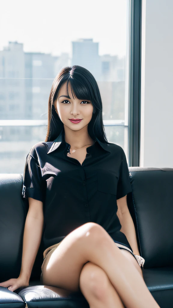 (best qualtiy,8K,tmasterpiece:1.3),(sharp fokus:1.2),Jet-black hair,ssmile,(A girl sits on a sofa:1.2),(perfect body figure:1.4),(The shirt:1.2),office room,rays of sunshine,Fine face,beautidful eyes,Straight legs