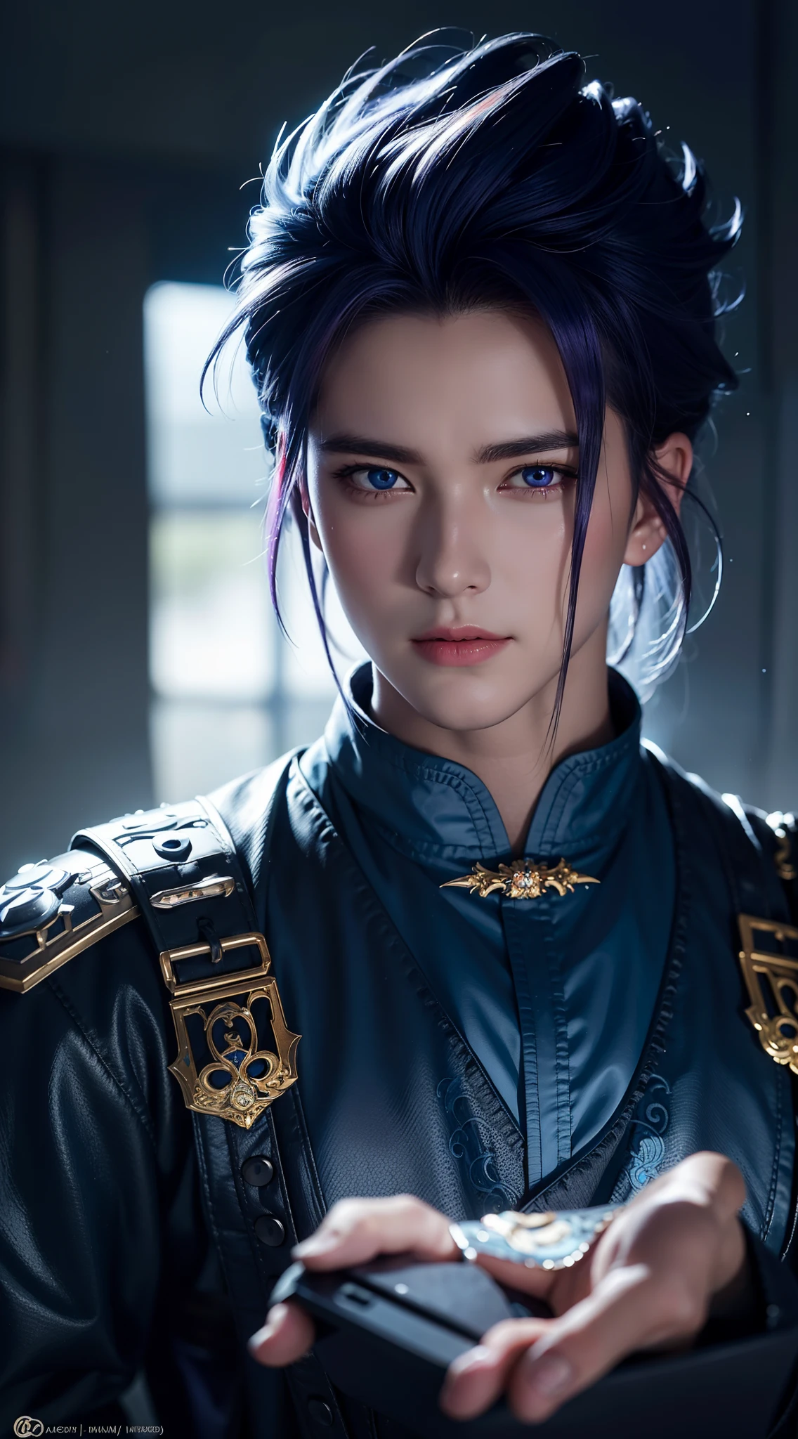 An 8k masterpiece, Highest resolution, All details, Meticulous details, Depth of field, bright colors, Nice layout: anime character Gohan impresses with his purple-blue hair and eyes that brightly illuminate every detail, standing on a dark and ominous background. This handsome demon slayer is the epitome of the bad guys in the fantasy art world.