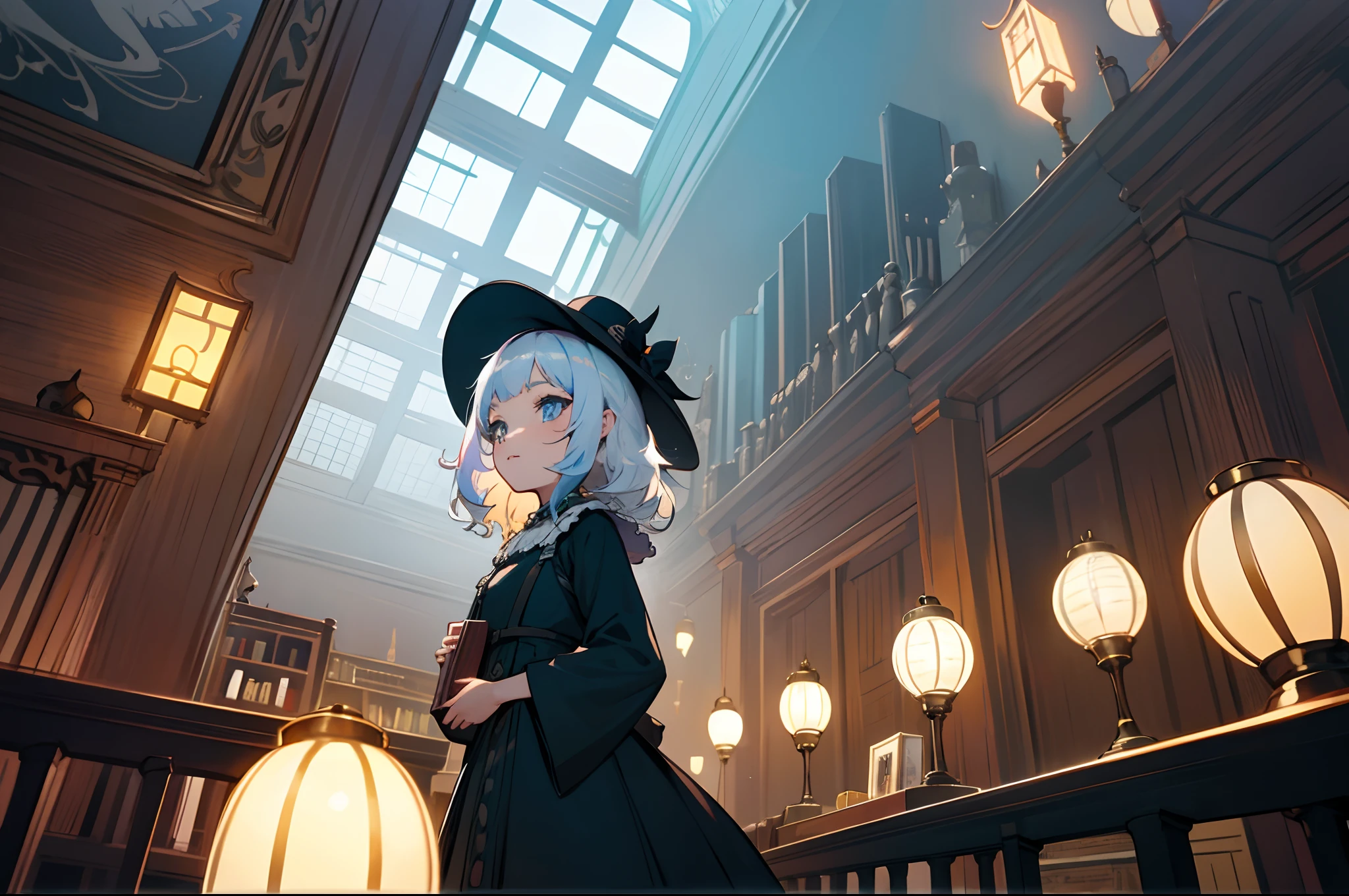 Blue-white hair，black color dress，Gothic，Black wide-brimmed hat，bookshelves，butterflys，Lanterns，loft，Wallpapers，curlies，bit girl