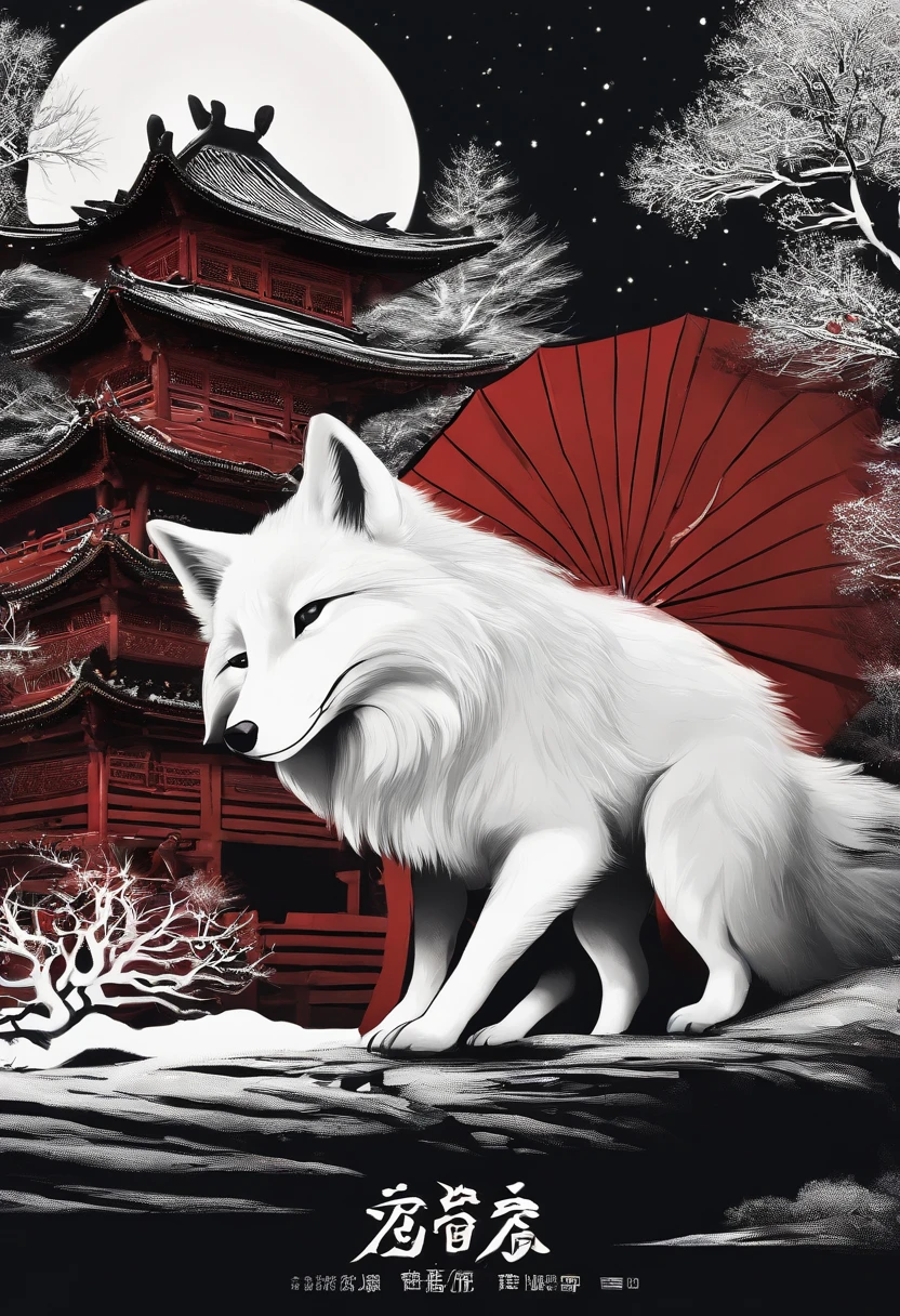 Chinese movie poster,red tint,A huge moon illuminates the entire village,The village is full of snowflakes,A white fox demon with 9 tails spits out a night pearl,Towards the moon,In the lower right corner, There was a house where there were several faces peeking at the house,kitsune three - tailed fox, three - tailed fox, White-haired fox, ethereal fox, white fox anime, Nine tails, fantasy fox love, Kitsune, White fox