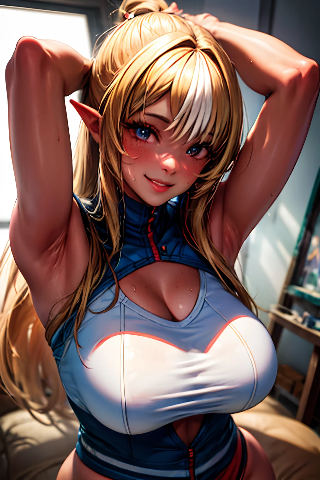 1 kawaii gamer girl, nsfw, japanese girl, solo, bright aqua eyes, eyelids, blush, seductive smile, naughty expression, red lips, hair bangs, smooth long hair, blonde hair, pink ribbon hairband, heart earings, collar, collarbone, sexy body, slim waist, navel, natural nude huge tits, cleavage, flat chest, cleavage, erotic pose, looking at viewer, flat green background, upper body , nude huge tits