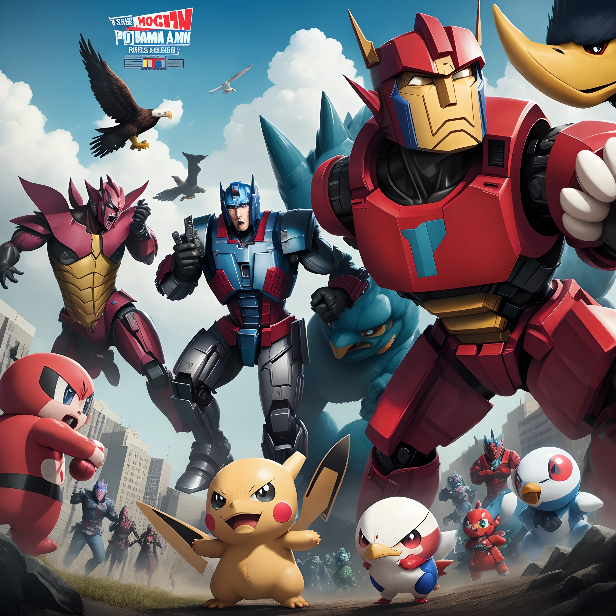 Movie Poster of Optimus Prime and waifu holding a pokeball are surrounded by Pokemon Monsters and are preparing to fight. A bald eagle is flying above. An American flag in in the background.