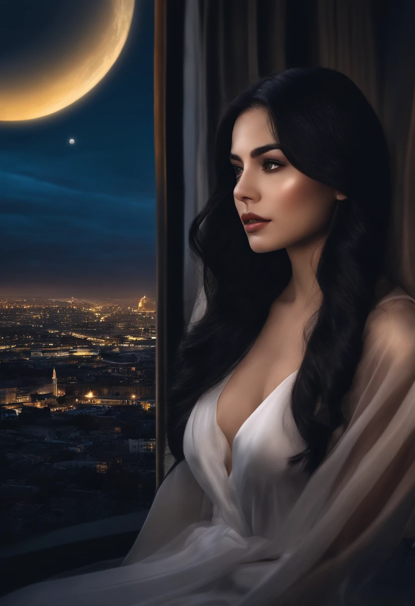 natta,rays of moonlight,Long Black Hair,Overlooking the city,parted,sad,One lily,Ultra high image quality,realisitic,circle,Fits the picture,icons,symbol,