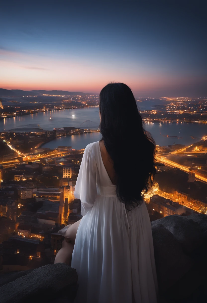 natta,rays of moonlight,Long Black Hair,Overlooking the city,parted,sad,One lily,Ultra high image quality,realisitic,circle,Fits the picture,icons,symbol,