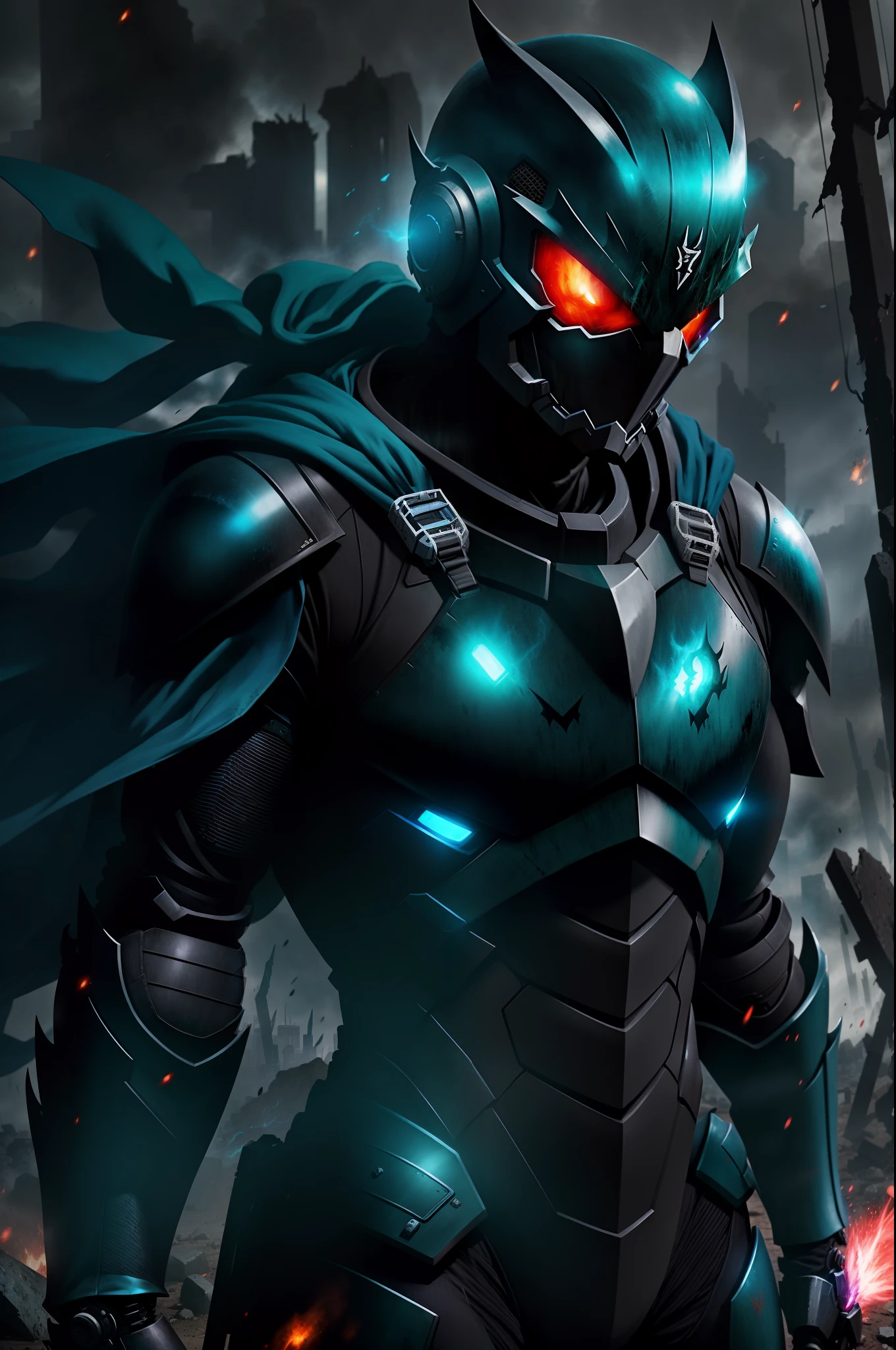 Black Metal Suit、hero、ighly detailed、very real、tokusatsu hero、Black rubber suit、Mechanical armor、slender、Massive、ember、Light leaks through the gaps in the suit、Unleashing Superpowers、blows wind、ruins