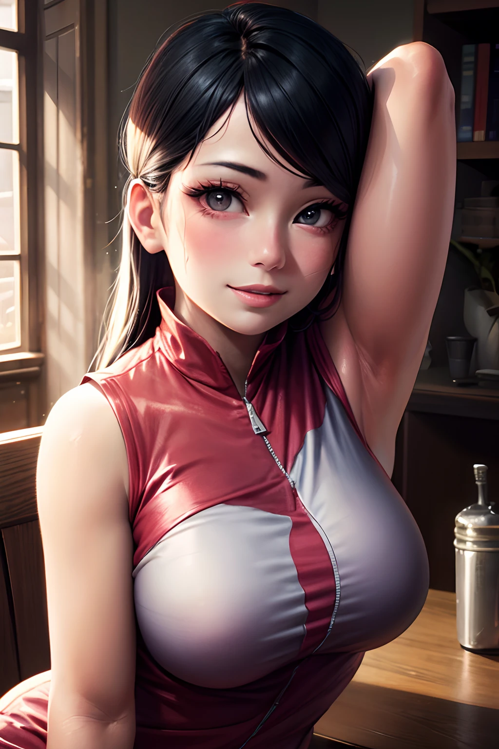expand,(Movie Scenes,Fantasy Art,Highest image quality,Hyperrealistic portrait,(8k),Surreal,best quality,high quality,HD,textura de high quality,High Detail,Exquisite and detailed,Very detailed,Extremely CG details,Detailed texture,Realistic facial representation,mesa,Presence,Dynamic,bold),1 girl,Ultra-delicate skin,curve,,Beautiful breasts,Large Breasts,Pale skin,Pointed chest,Erect nipples,Ponytail,(Superfine hair),(Super soft hair),(Super straight hair),Long bangs,very light copper amber hair,Hair covering one eye,Gym suit