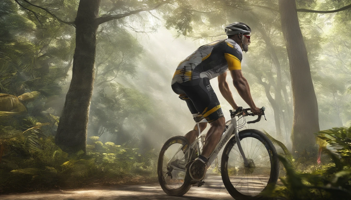 homem branco, 50 anos, bermuda preta com camisa amarela, capacete branco, cyclist glasses, pedalando uma bicicleta speed, asfalto quente, floresta em volta, estrada longa ao fundo, desfocada