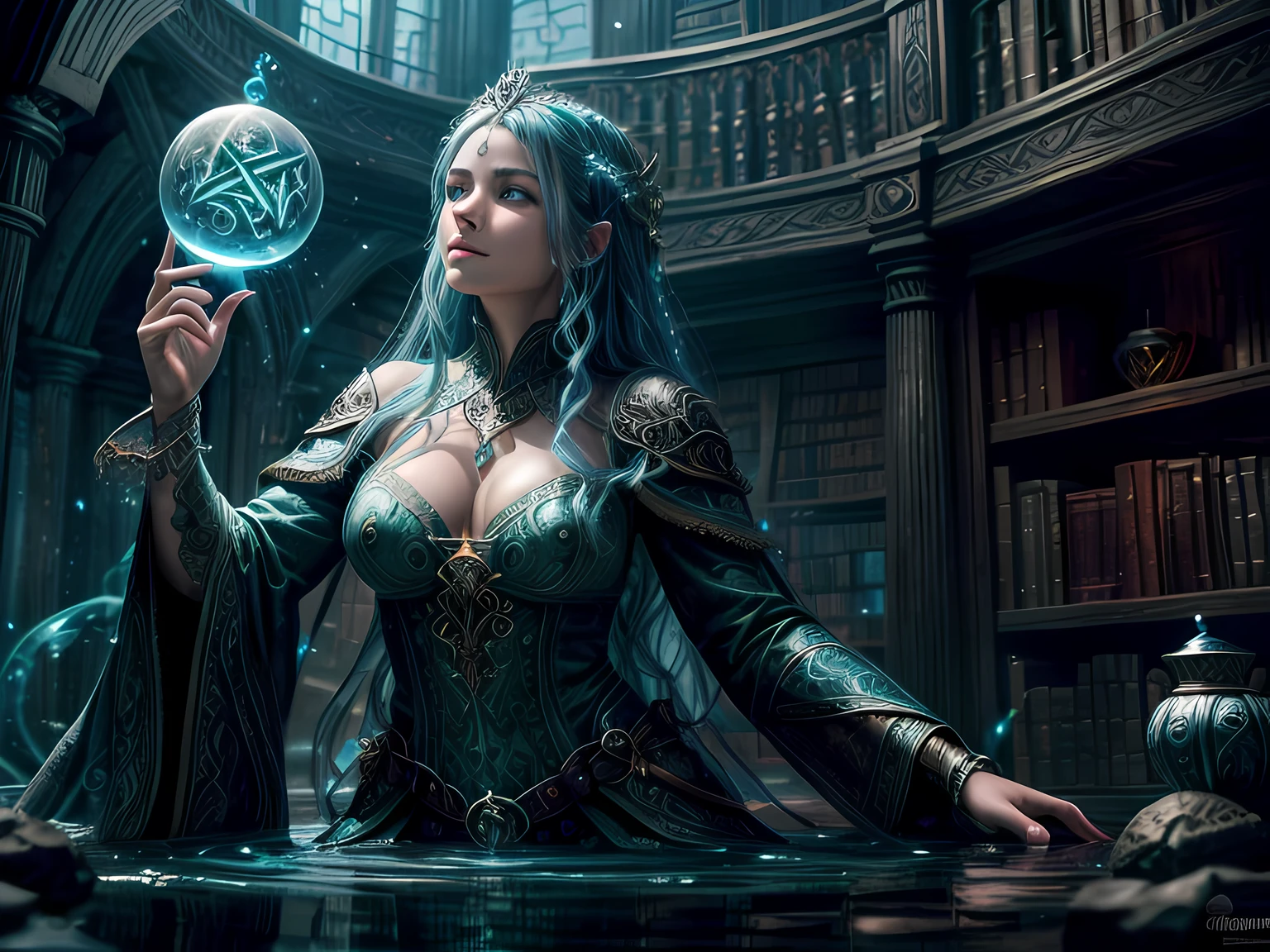 high details, best quality, 8k, [ultra detailed], masterpiece, best quality, (extremely detailed), full body, ultra wide shot, photorealistic, fantasy art, dnd art, rpg art, realistic art, an ultra wide picture of a female human (1.5 intricate details, Masterpiece, best quality) godess of water  ((watery radiant aura)), controlling a swirling streams of watery magic (1.5 intricate details, Masterpiece, best quality), manipulating purple radiant magical symbols, [[divine symbols]] (1.5 intricate details, Masterpiece, best quality), human female, blue  hair, long hair with aura, hair with green radiant eyes, intense eyes, holding a staff, ((radiant eyes)), (( green glowing eyes)), dynamic clothing, magical library, with many books, and magical runes and wards, glowing arcane sigils GlowingRunes_paleblue, crystal ball (best details, Masterpiece, best quality) on table, runes on crystal balls GlowingRunes_yellow, fantasy magical library background (best details, Masterpiece, best quality), Ultra-Wide Angle, high detail, award winning, best quality, HD, 16K, 3D rendering, high details, best quality, highres, ultra wide angle, 3D rendering, [[anatomically correct]]