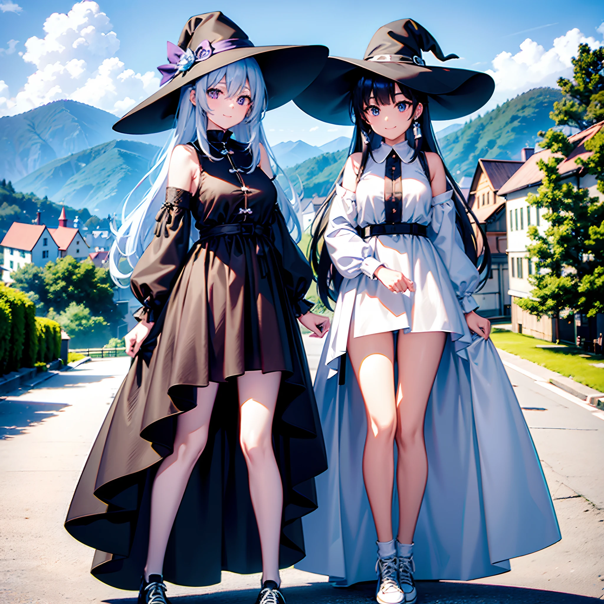 A mystical otherworldly half-timber town、Standing Girl、Black coat、white t-shirt、a black skirt、beautiful thigh、Beautiful feet、Light blue-purple short hair、Looking at me with a smile、Black sneakers with white shoelaces、Large witch hat with sapphire accessories、Dark brown eyes with highlights、On a hilltop with a panoramic view of the town、Historic big castle、hiquality、high-level image quality、