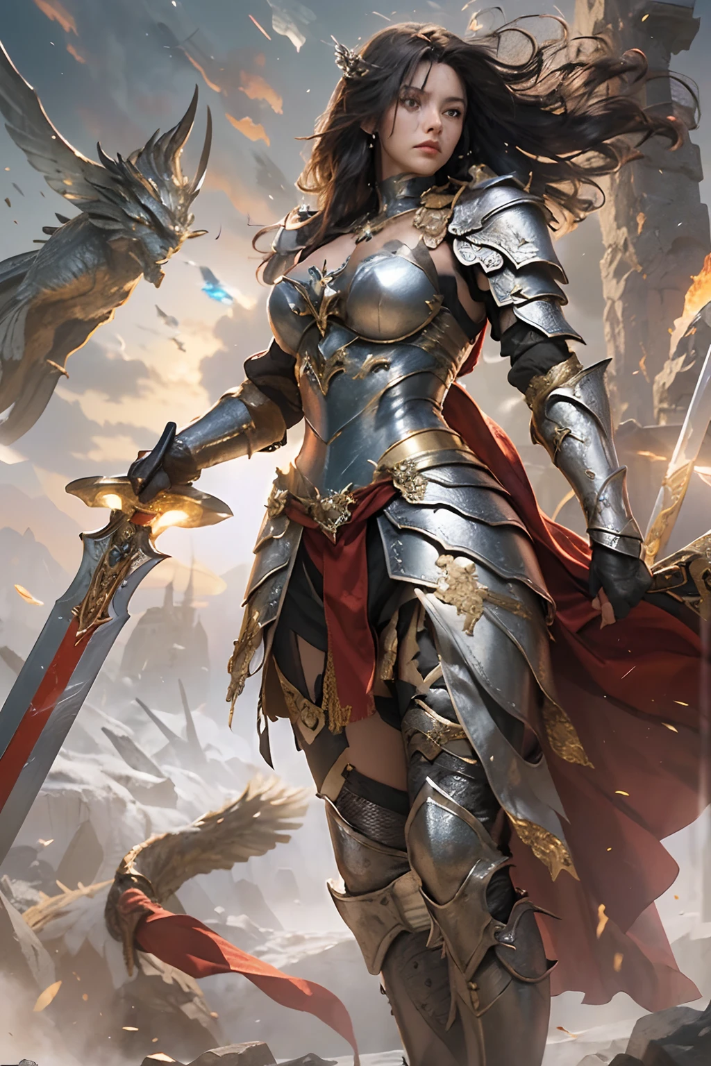 "(best quality: 1.2), masterpiece, extremely detailed 8K UHD, ((Official art)), cg, 1 super detailed goddess of war, Stand majestically on the ruins of fallen empires, (Dynamic posture: 1.3), Detailed armor reflects the heart of conflict, (Fine detail), Radiant light, Powerful light area, (Armor of historical significance:1.2), Metallic glittering armor, (Magic symbols shine on armor:1.3), (Magical magic swirled around her:1.3), Long black hair in detail fluttering in the wind, Holding a detailed weapon, (Sharp sword, radiant:1.3), Shining eyes full of determination and vision, ((Silver armor)), Super detailed shield bearing the steadfastness symbol, (intense expression:1.1), (behind her, New empires are rising to the sky: 1.4), (The light emphasizes her dominance and the rebirth behind:1.4), (The fiery red flag flew:1.1), (The wind brings with it the whisper of new beginnings:1.1), (Wisdom and rebirth:1.2), (strong stance:1.2), (Overwhelming mystical power:1.2), solo, (sparkling sweat:1.1), armor decorated with jewelry, (The Contrast of Silver and Gold:1.3), (The overall red color covers the scenery:1.4)"