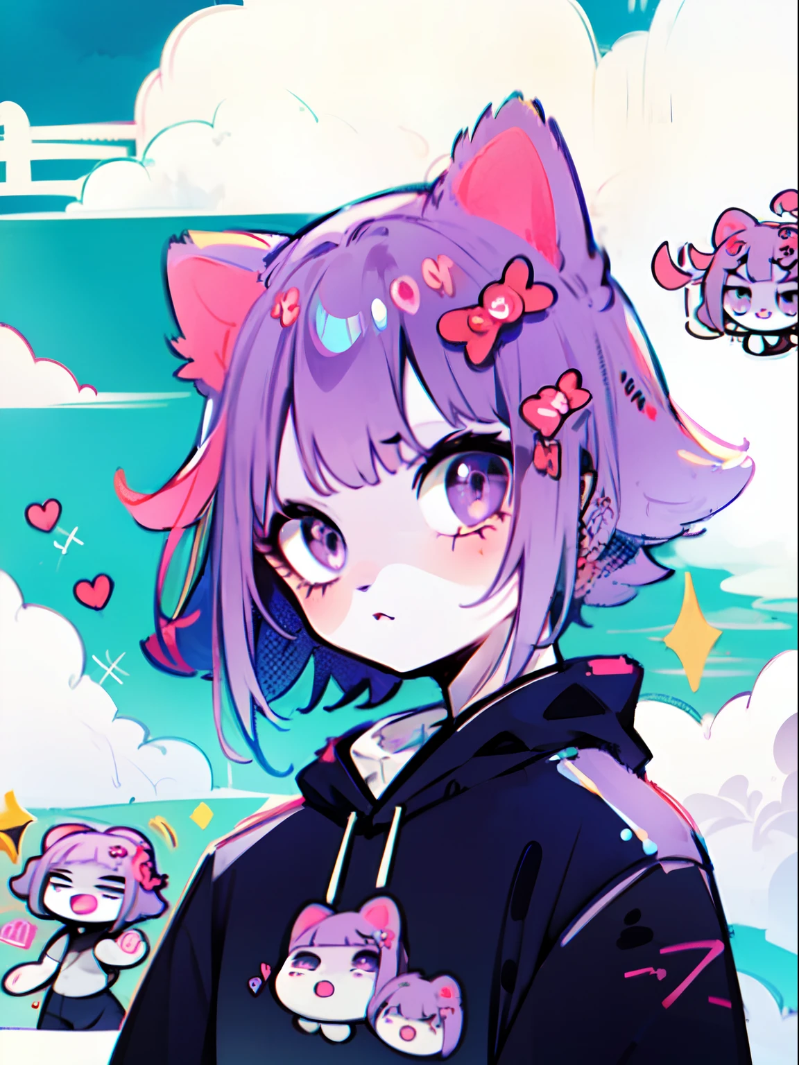 beautiful, masterpiece, best quality, masunya, cat ears, (purple skin color:1.1),, "kawaii, Cute, Adorable girl in pink, yellow, and baby blue color scheme. yawning. She wears sky-themed clothing with clouds and sky motifs. Her outfit is fluffy and soft, With decora accessories like hair clips. Lots of stickera on the wall.