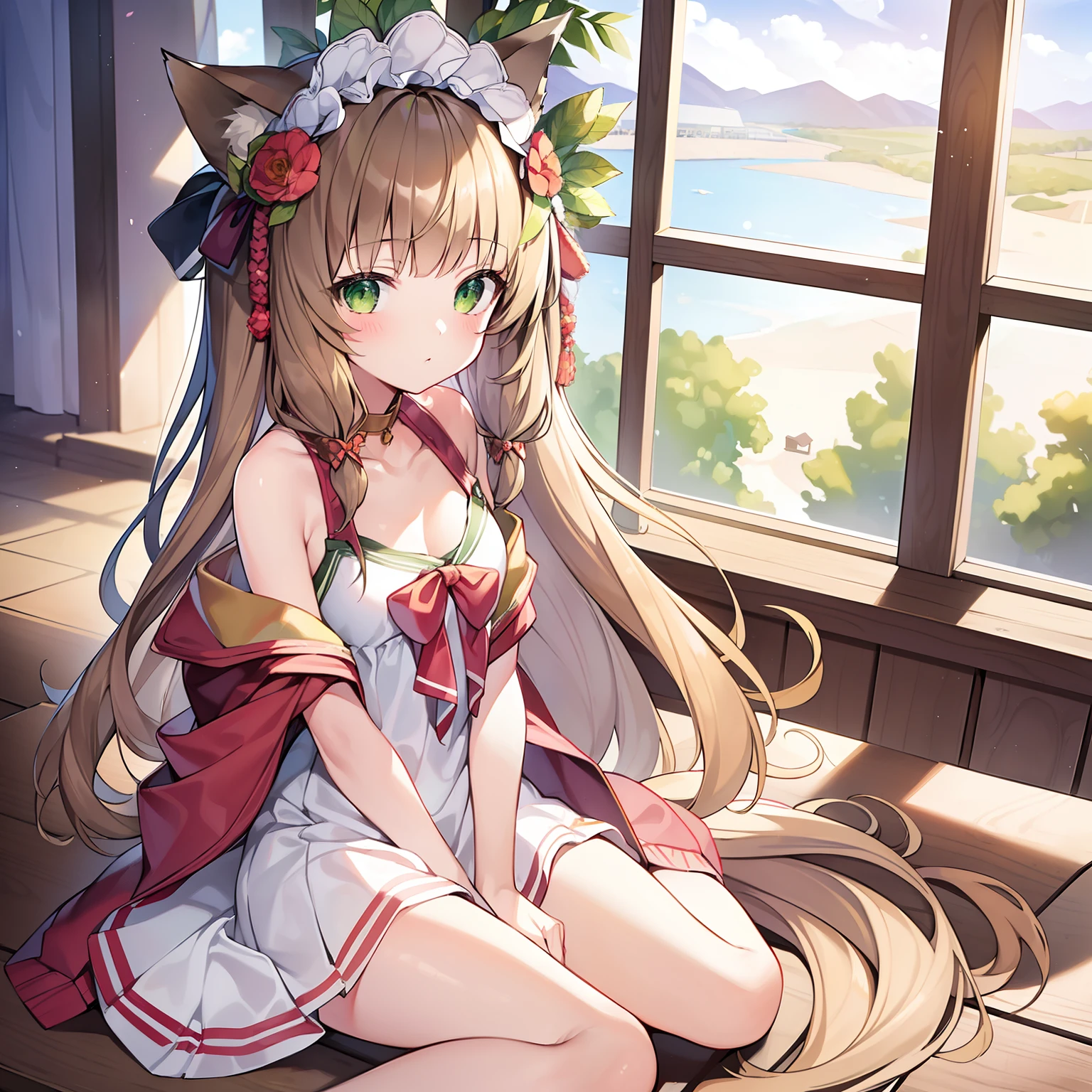 Masterpiece, Best quality, high resolution, 1girll, Solo, Oversized fox tail,Long brown hair,Green eyes,Small flower headdress, (13-year-old junior high school student),In the school classroom,The girl was not wearing any clothes_Use a band-aid as underwear,