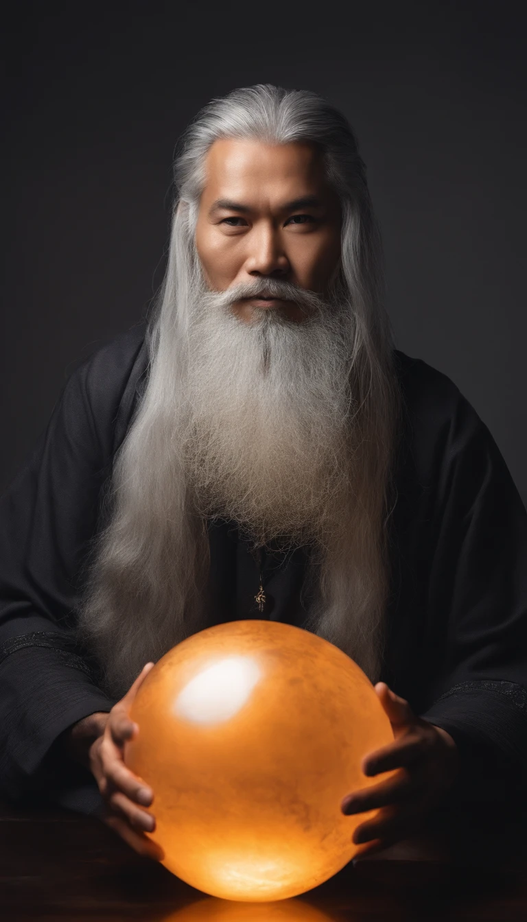 35-year-old Asian middle-aged male,Long grey hair,long beard,Holding a glowing sphere in both hands,staring directly at camera,Cross-legged meditation, at centre,Clear facial features,Very bright colors, light Particle, with light glowing, Musif, Wallpaper Art, UHD Wallpapers、Vivid atmosphere