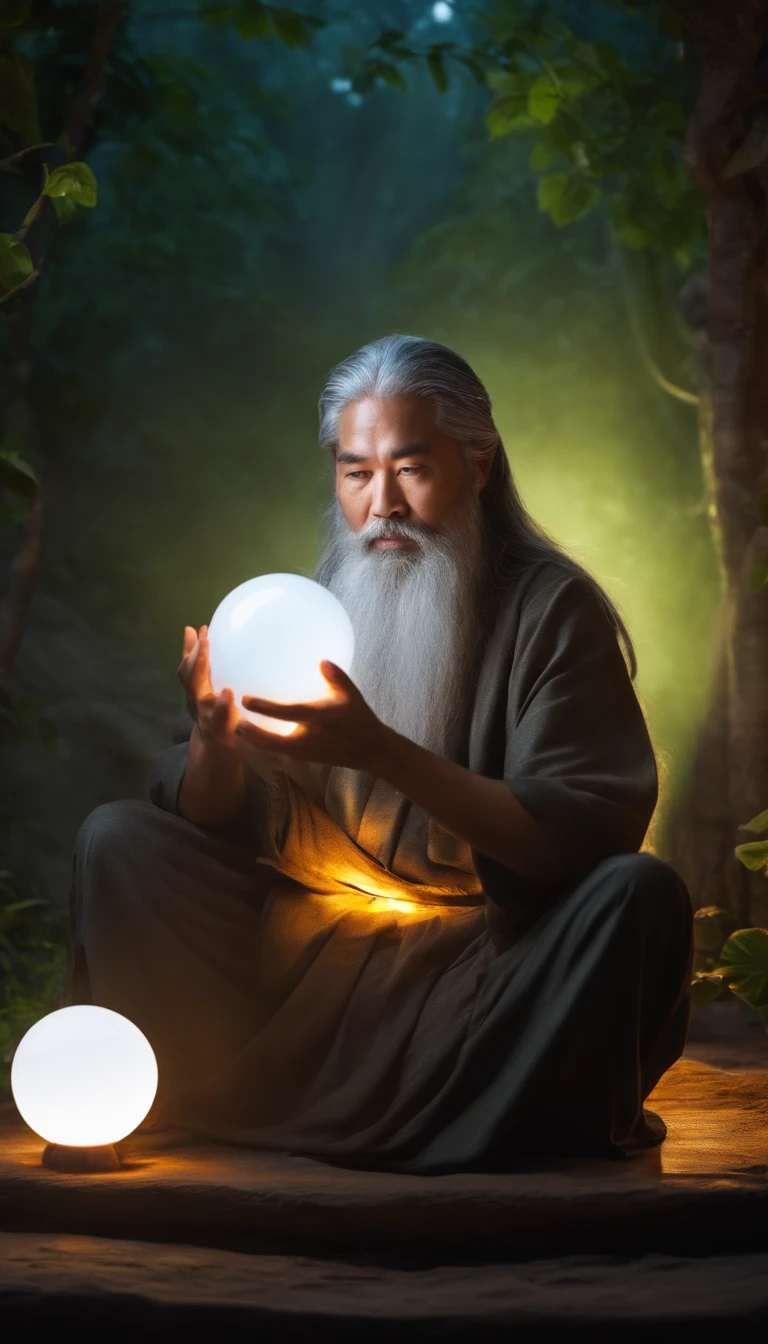 35-year-old Asian middle-aged male,Long grey hair,long beard,Holding a glowing sphere in both hands,staring directly at camera,Cross-legged meditation, at centre,Clear facial features,Very bright colors, light Particle, with light glowing, Musif, Wallpaper Art, UHD Wallpapers、Vivid atmosphere