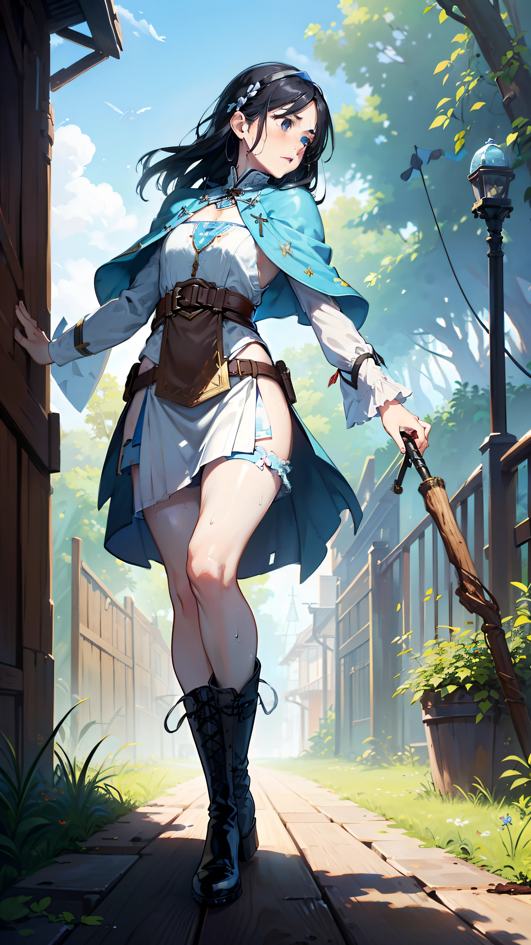 (((((middle age woman))))), masterpiece, ultra detailed, 8k portrait, RAW photo, portrait photography, highly detailed face, ((Fantasy)), 1 woman, (((priest))), nervous, (((sweaty))), (((standing and lift up skirt))), (((Error-filled face))), 33 years old, (((slutty woman))), (((((odor))))), (((bad smell))), (((blacked small eyes))), (((straight black hair))), ((hide face with long sideburns)), (((white skin color))), (((light blue tunic and skirt))), (((long tattered patchwork cloak))) fluttering in the wind, (((little waist hip pouch))), (((leather boots))), (((holding a long wood cane))), Midday Sun, hyper realistic, (((flat chest))), big butt, (((thick thighs))), Long legs, in the medieval adventurer's guild, Ambient lighting, Shadow details , Camera focus on thigh, strong breeze, Light fog