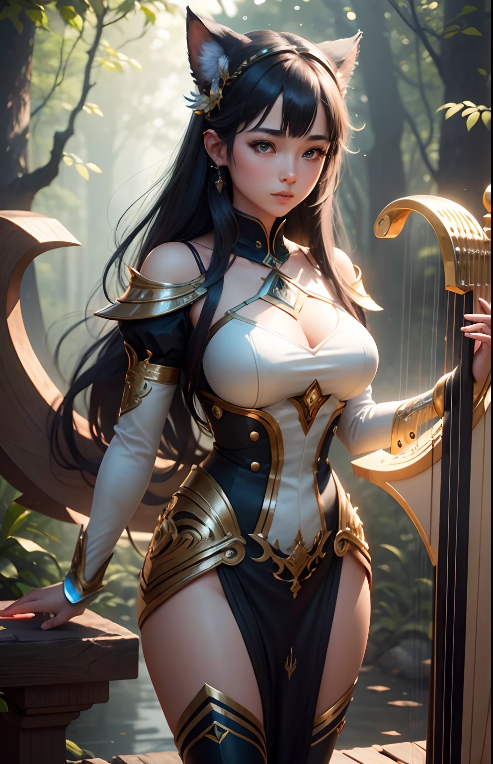 hightquality、8K Ultra HD、fullllbody、A 16-year-old female harpist is playing the harp。Amazing healing forest、cute little、Beautiful fece、portlate、A kitten、Art by Alberto Sebeso、Symmetrical、Abstract art style、Complex and intricate watercolor painting 、digitial painting、explosion of colors、concept-art、Volumetric lighting、TanvirTamim、metal reflective、2d render、8K。 By Artgerm、Trending on ArtStation