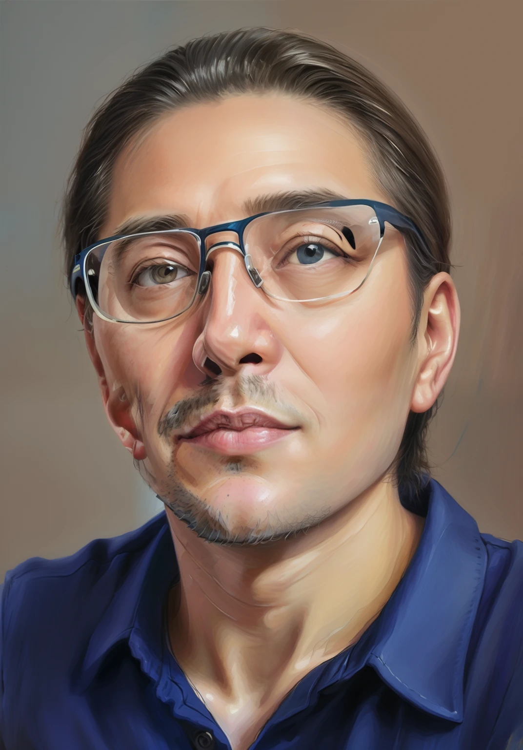 Painting of a man with glasses and a blue shirt, digitalportrait, #1 digital paintting of all time, # 1 digital paintting of all time, digitalportrait, digital oil on canvas, digital paiting, digitial painting, digital art portrait, digital illustration portrait, oil digital painting, nft portrait, ai assisted digital painting, cartoon digital painting, digitial painting，8K ,best qualityer,delicated,ultra - detailed,超高分辨率,Complicated details,8K分辨率,physically-based renderingt,professional photoshooting,realistic model,photorealistic  art,hdr,Realism 1.4,anthropomorphic turtle,softcolors,simplebackground/Without background,Realistic/of a real,超高分辨率,。.。.3D