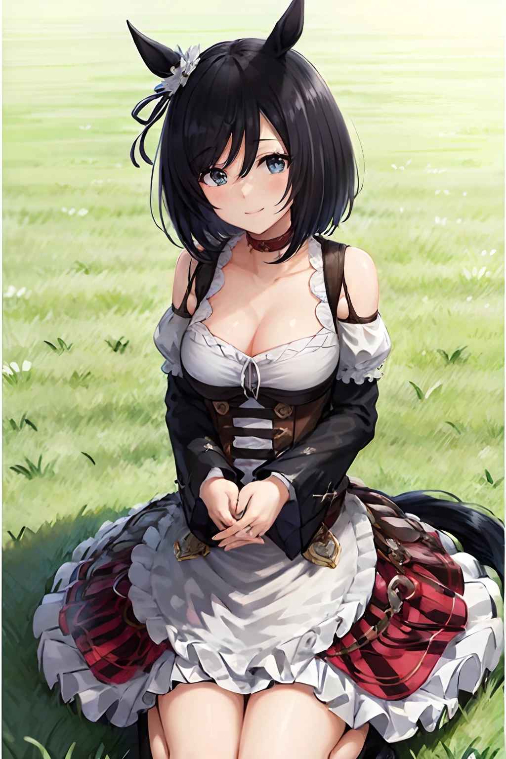 (masutepiece.Top image quality).1 girl in.black hair girl.short-hair.Horse-eared girl.black horse tail.(Get down on one knee on the grass:1.3).(Being on the lawn:0.8).smil