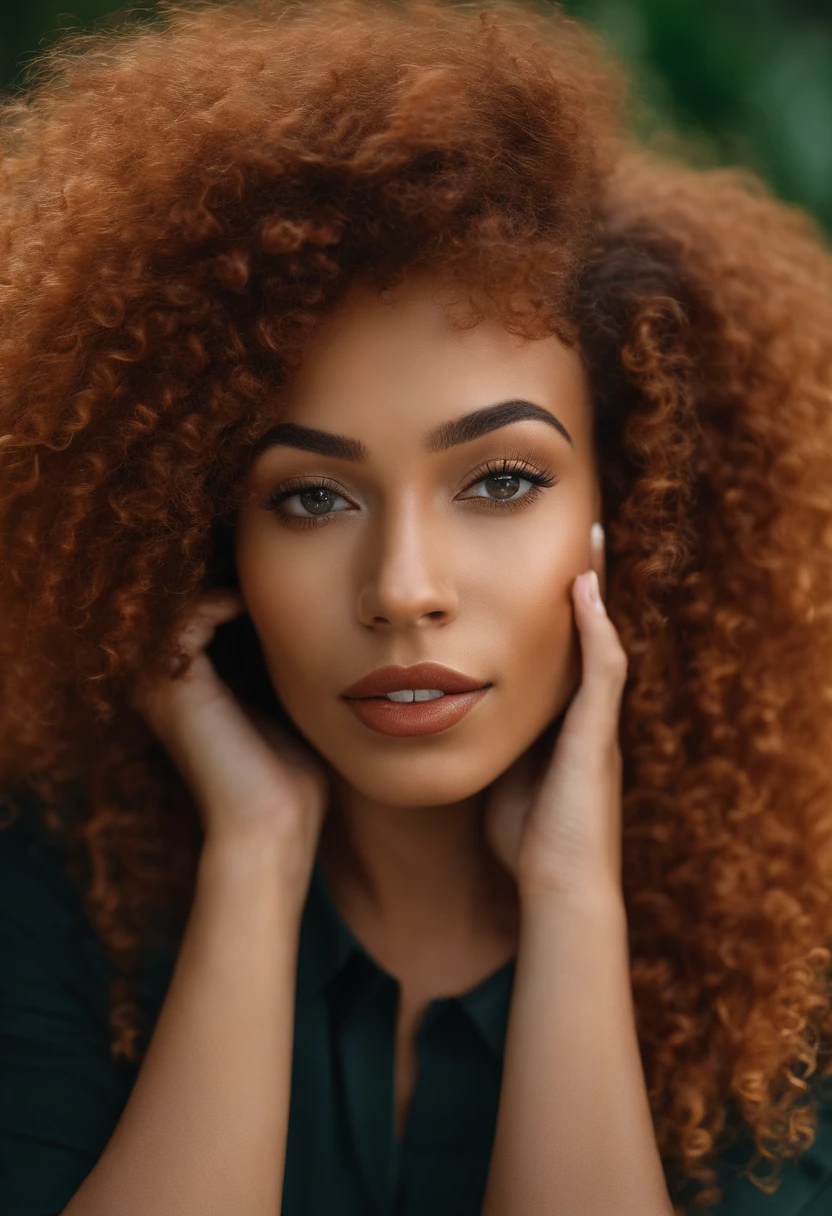 "Ultra-realistic image of a beautiful 22-year-old Afro-Latin girl,Caramel peel, corps parfait, Prendre un selfie dans son bureau avec son sony A7RV, maigre, taille ultra-fine, cheveux rouge, Curly and curly hair karibean , piercing green eyes.hyper-realistic，anatomie correcte，Facial features are carefully represented，Boucles gratuites, curly red hair, (cour, curly red hair), Long curly wild red hair, cheveux multiversaux, cour, curly red hair, curly red hair, Boucles, wavy hair spread out, Boucles baroques, Boucles, Curly,Texture des cheveux, Curly bang