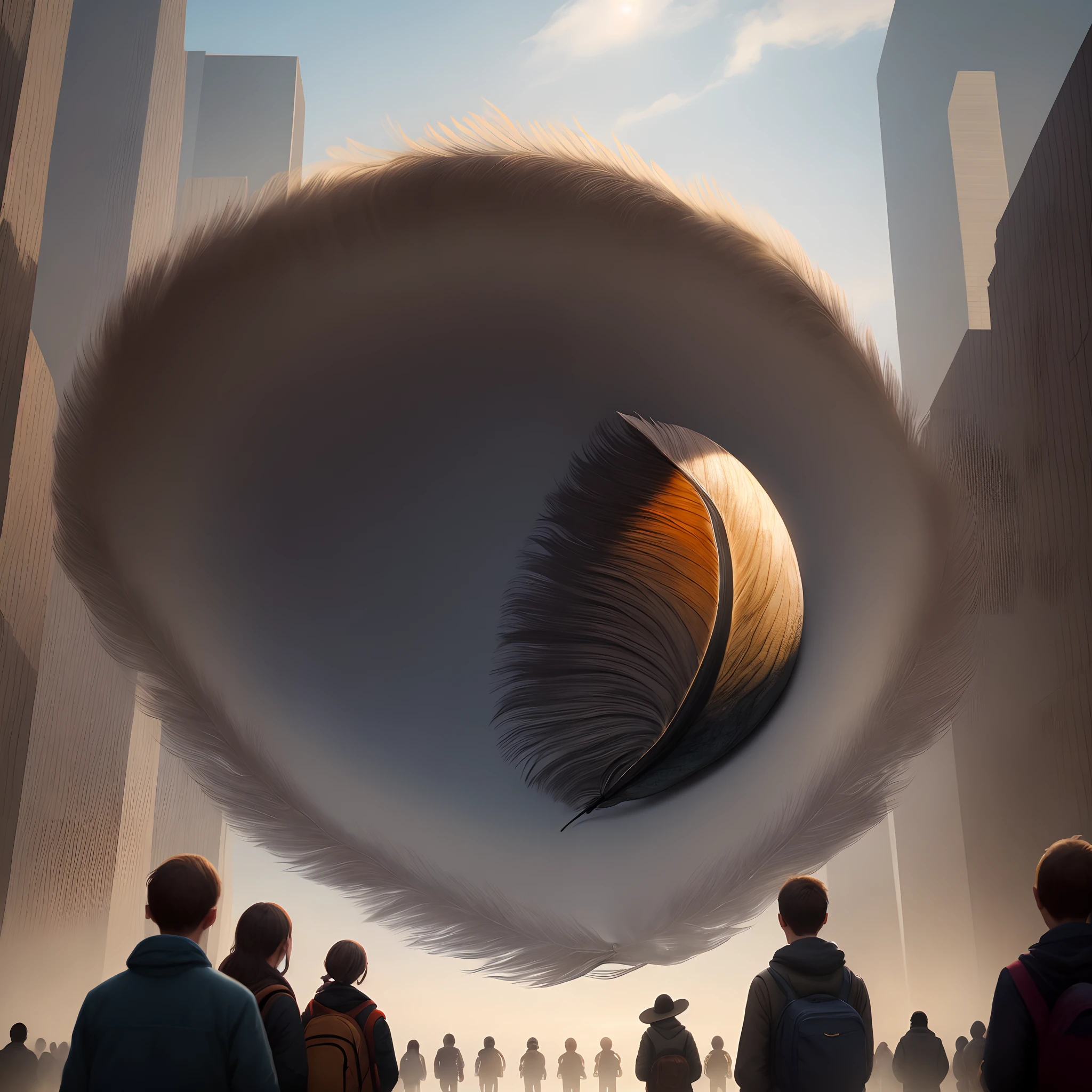A group of people stood in front of a giant feather
